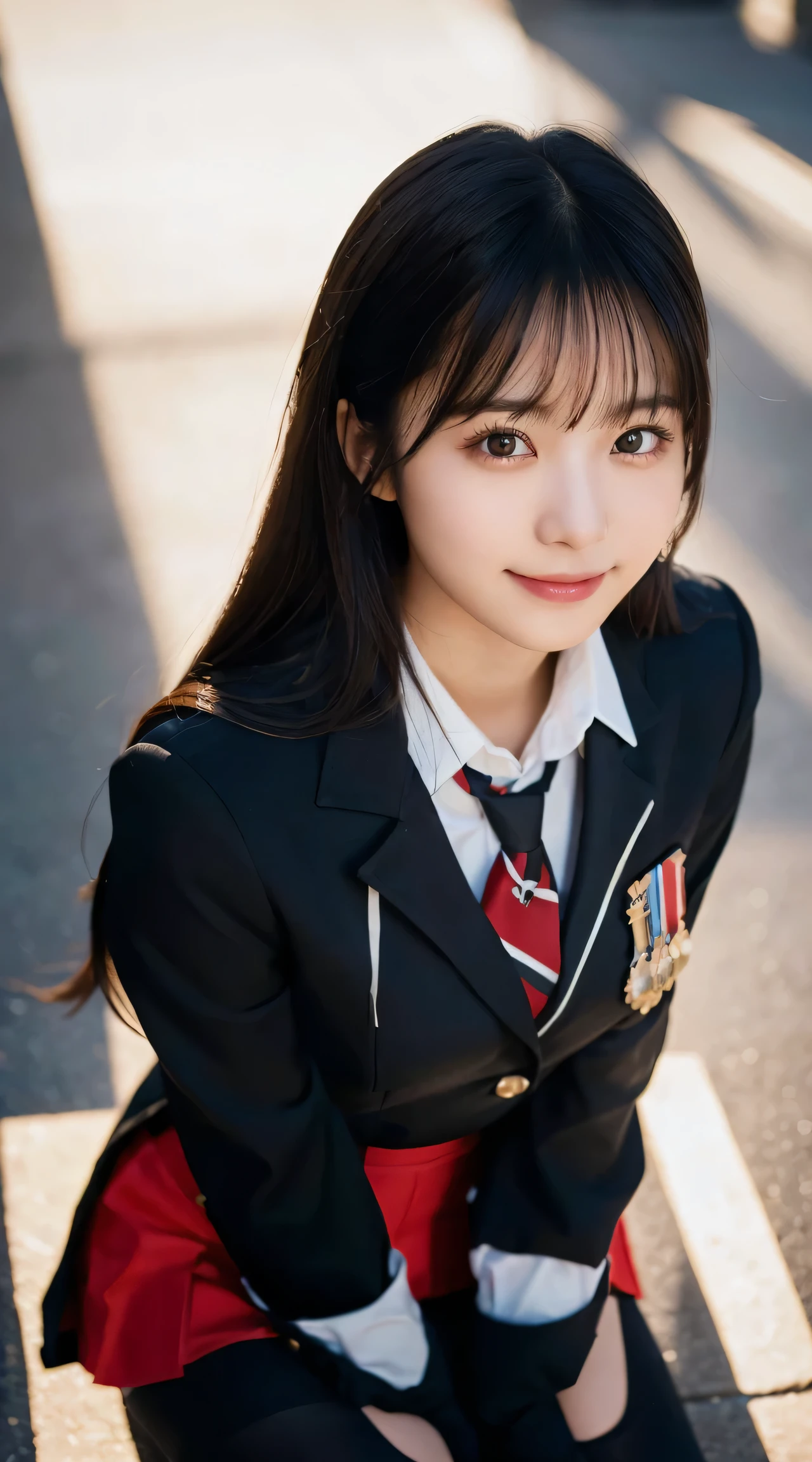 (highest quality,masterpiece:1.3,ultra high resolution),(Super detailed,caustics,8k),(photorealistic:1.4,RAW shooting),1 girl,(look at the camera with a smile),20-year-old,cute,Japanese,black hair long bronde, (The chest of the uniform is open,Sitting upright in black and red classy high school girl uniform wearing black pantyhose and sexy legs and lifting skirt in shame：1.7) , big ,bust up shot,street,face focus,Natural light,Backlight,(A bright light shines from above),(Lens flare),professional writing,(low position),(Low - Angle)