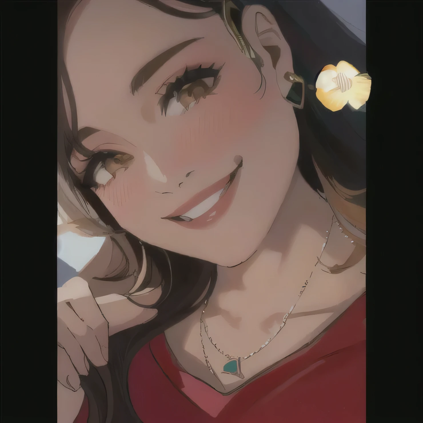 there is a woman with braces and a necklace smiling, 30 years old woman, 3 0 years old woman, lovely smile, alanis guillen, lorena avarez, very very low quality picture, ayahausca, 1614572159, she is smiling, [[[[grinning evily]]]]