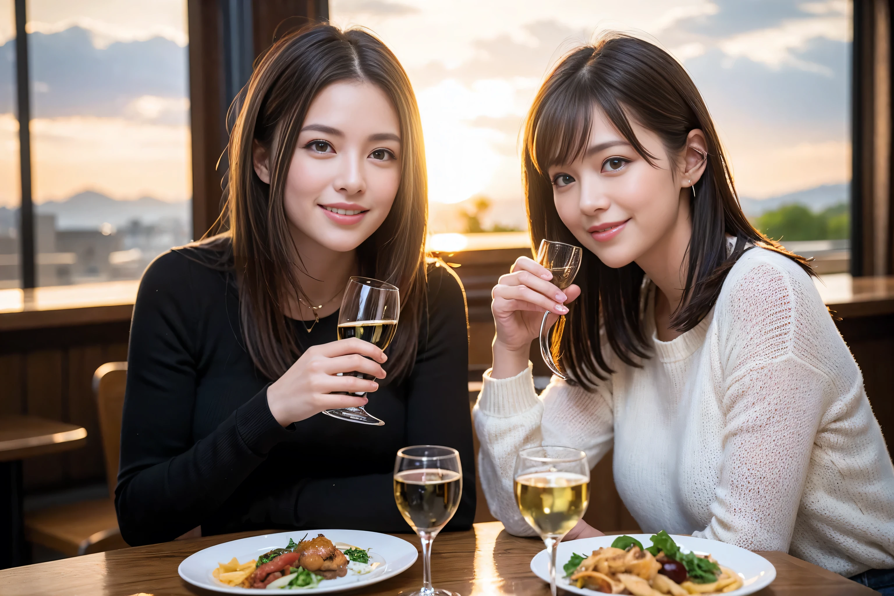 ((highest quality、8k、masterpiece:1.3))、1 male 1 female、Beauty Couple、Lovers、Couple、The body is slim、full-course dinner、((Bob Hale、Straight hair:1.2)), (Realistic, Intricate details:1.2), Wine glass on the table、Shine light on your face、 Amazing view of the sunset sky and clouds、Amazing mountain views、A bright smile、The wonderfulness of smile、Bright image、The beauty of wine, Beautiful Face, blue eyes, The light shines on your face, Blushing, short hair,Bright Face、 (Age 37), "41 years old, red wine 、Appetizers、Italian food、Wine bottle、Champagne、sparkling wine、Two beauties、Brown Hair、Shortcuts、Long sleeve shirt、dress、Pretty Woman 1, (Slim face), (The body is slim), (Brown Hair), (Shortcuts), cheeks turn a little red,Attractive beauty、restaurant, In a prominent place (From the waist up) Nova Frog Style, actress, model, Upper Body, White wine, slim, wine glass, A wine glass placed in the center, smile, (smile: 1.15), Beautiful fine grain, Depth f/2,saturation, High Contrast, Strong light and shadow,Moist Body:1.5、3D texture、Delicate eyes、Brown Hair、The hair is very shiny、