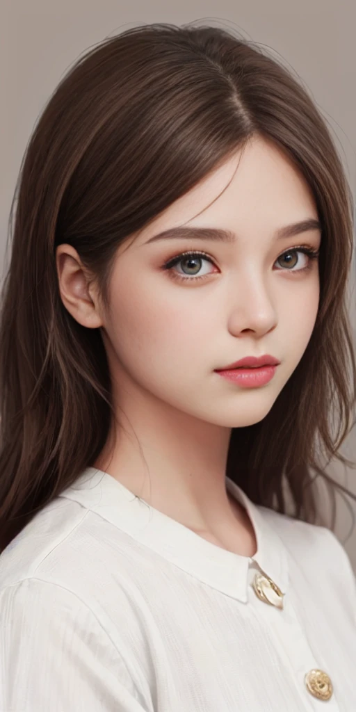 Foto Girl, young, piel clara, cabello largo medio ondulado, Light brown color, Brown eyes, nariz definida, realista, fondo blanco, detalles realistas, ojos normales, round marked jaw, horizontal
