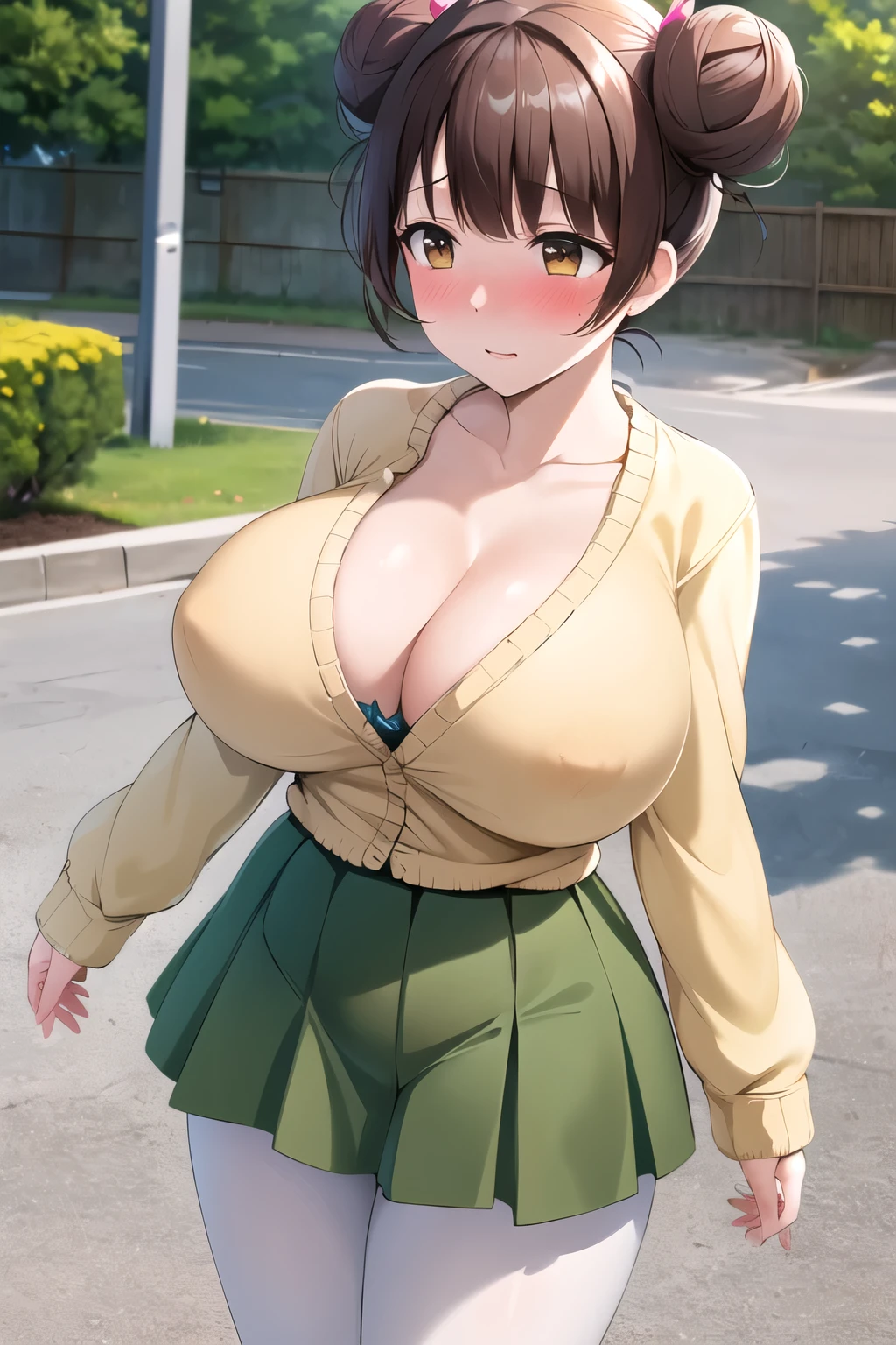 masterpiece,best quality, highres, aanene, short hair, double bun, , green bow, cardigan, pleated skirt, green skirt, white pantyhose, cowboy shot, standing, outdoors, arms at sides,nipples,(blush:1.3), medium tits, (wide thighs), (cleavage)