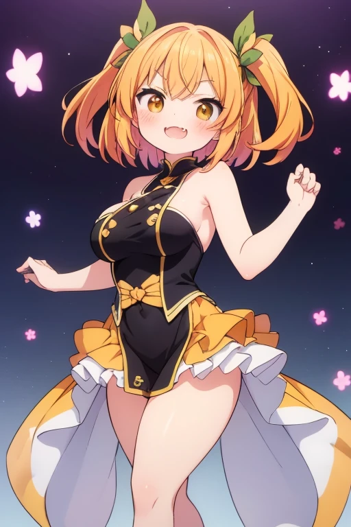 (masterpiece), (highest quality), ((Super detailed))、(super delicate)、Cute naughty Fighter girl、Pastel colors hair、(large breasts:1.2, Thighs:1.2, thick legs:1.2, curvy:1.2)、Gorgeous、yellow orange hair, undercut, two side up, short hair, (naked:1.4), standard height, (laughing、blush:1.2, grin, smug, fang:1.2), fighting pose