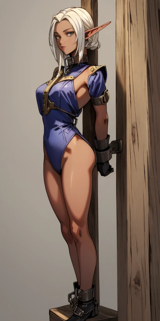 (Masterpiece, best quality, intricate details, 1sologirl) iron collar, arms behind back, iron cuffs, shackles, bound ((standing by wooden pole:1.2)) far shot looking at viewer standing straight symmetrical against contrapposto happy ((Pirotes Dark elf skin))