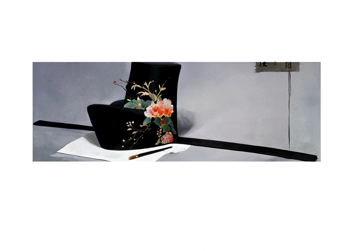 Official hat,Black gauze hat,Flowers,Chinese painting,Fine-brush Painting,White background,Elegant,