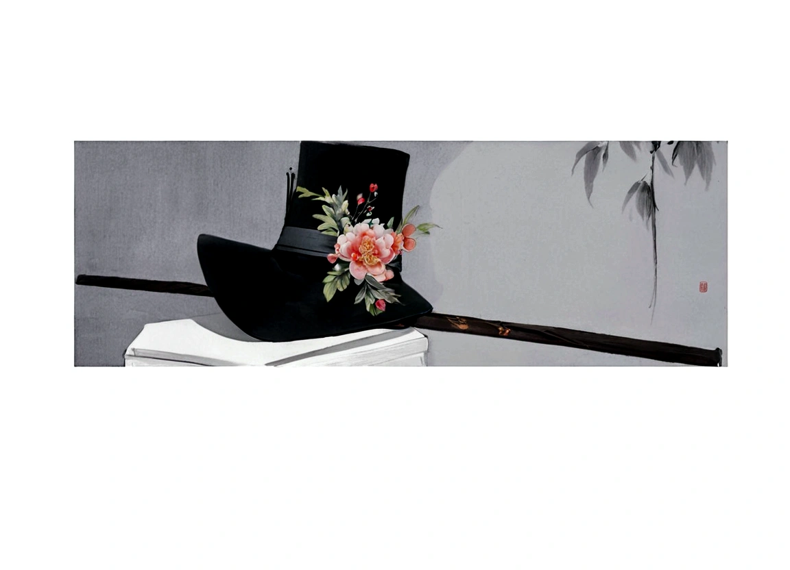 Official hat，Black gauze hat，Flowers，Chinese painting，Fine-brush Painting，White background，Elegant，