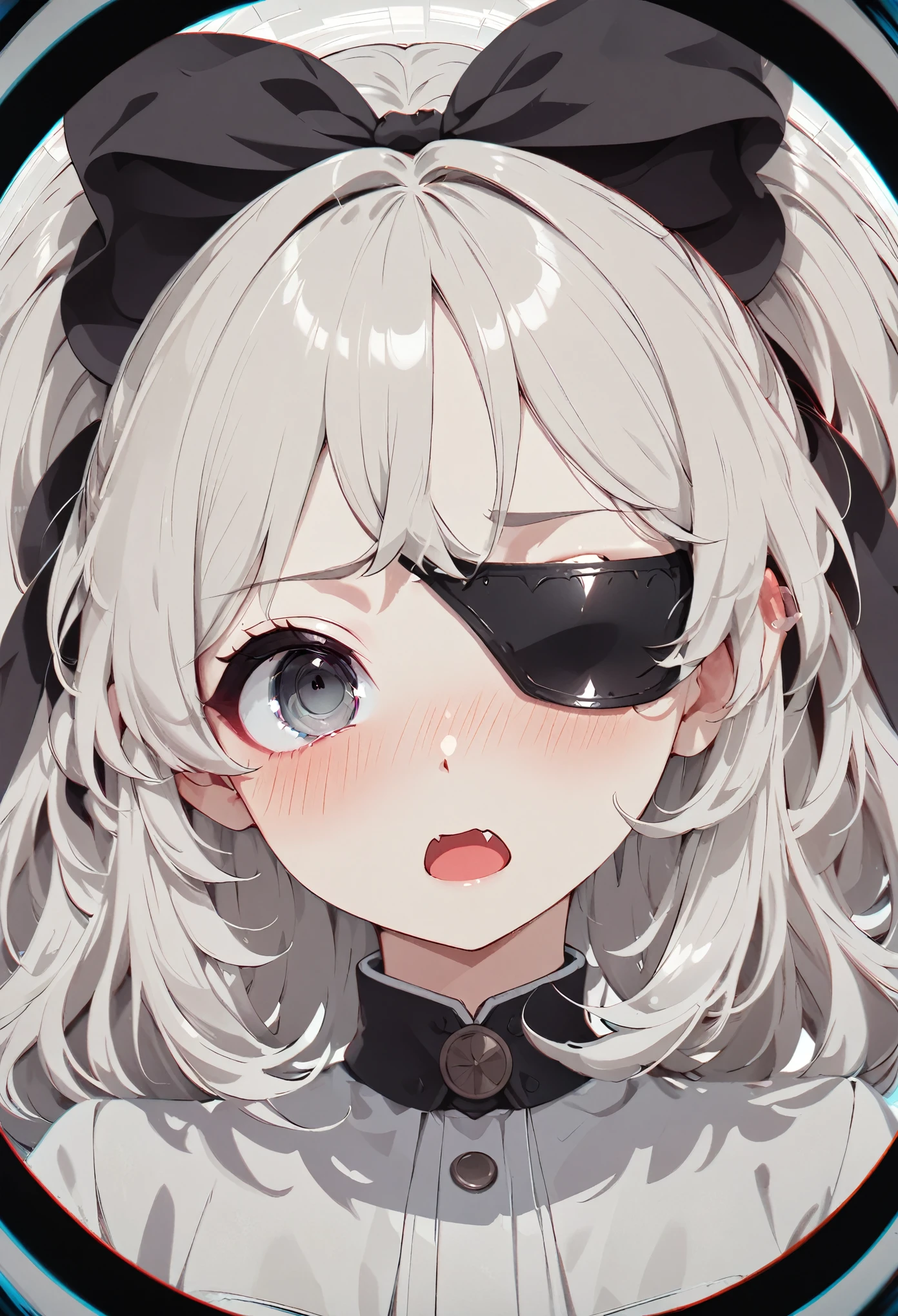 hair bobbles, wince, longeyelashes, solid circle eyes, light smile, ear blush, fang, ccurate, hair ribbon, blindfold, pout, empty eyes, Surrealism, anaglyph, stereogram, tachi-e, pov, atmospheric perspective, multiple monochrome, optical illusion, anime, anime style, 8k, super detail, best quality, highres, HD, masterpiece, anatomically correct, textured skin, super detail, high details, award winning, best quality