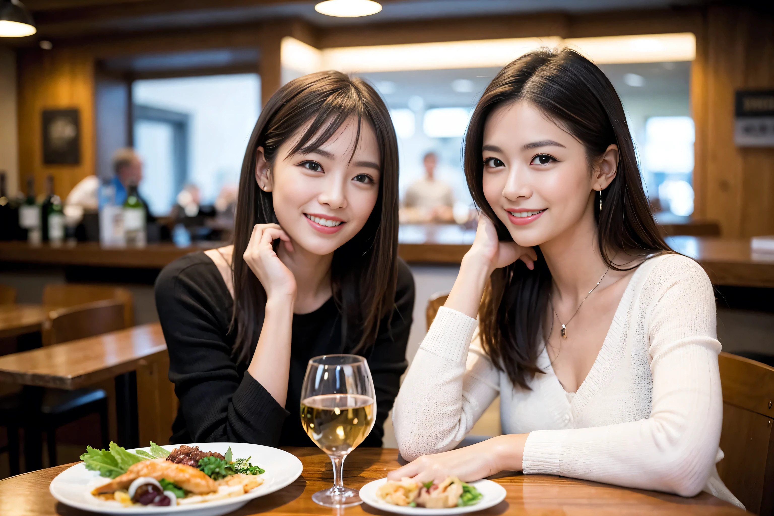 ((highest quality、8k、masterpiece:1.3))、1 male 1 female、Beauty Couple、Lovers、Couple、The body is slim、full-course dinner、((Bob Hale、Straight hair:1.2)), (Realistic, Intricate details:1.2), Wine glass on the table、Shine light on your face、 Amazing view of the sunset sky and clouds、Amazing mountain views、A bright smile、The wonderfulness of smile、Bright image、The beauty of wine, Beautiful Face, blue eyes, The light shines on your face, Blushing, short hair,Bright Face、 (Age 37), "41 years old, red wine 、Appetizers、Italian food、Wine bottle、Champagne、sparkling wine、Two beauties、Brown Hair、Shortcuts、Long sleeve shirt、dress、Pretty Woman 1, (Slim face), (The body is slim), (Brown Hair), (Shortcuts), cheeks turn a little red,Attractive beauty、restaurant, In a prominent place (From the waist up) Nova Frog Style, actress, model, Upper Body, White wine, slim, wine glass, A wine glass placed in the center, smile, (smile: 1.15), Beautiful fine grain, Depth f/2,saturation, High Contrast, Strong light and shadow,Moist Body:1.5、3D texture、Delicate eyes、Brown Hair、The hair is very shiny、