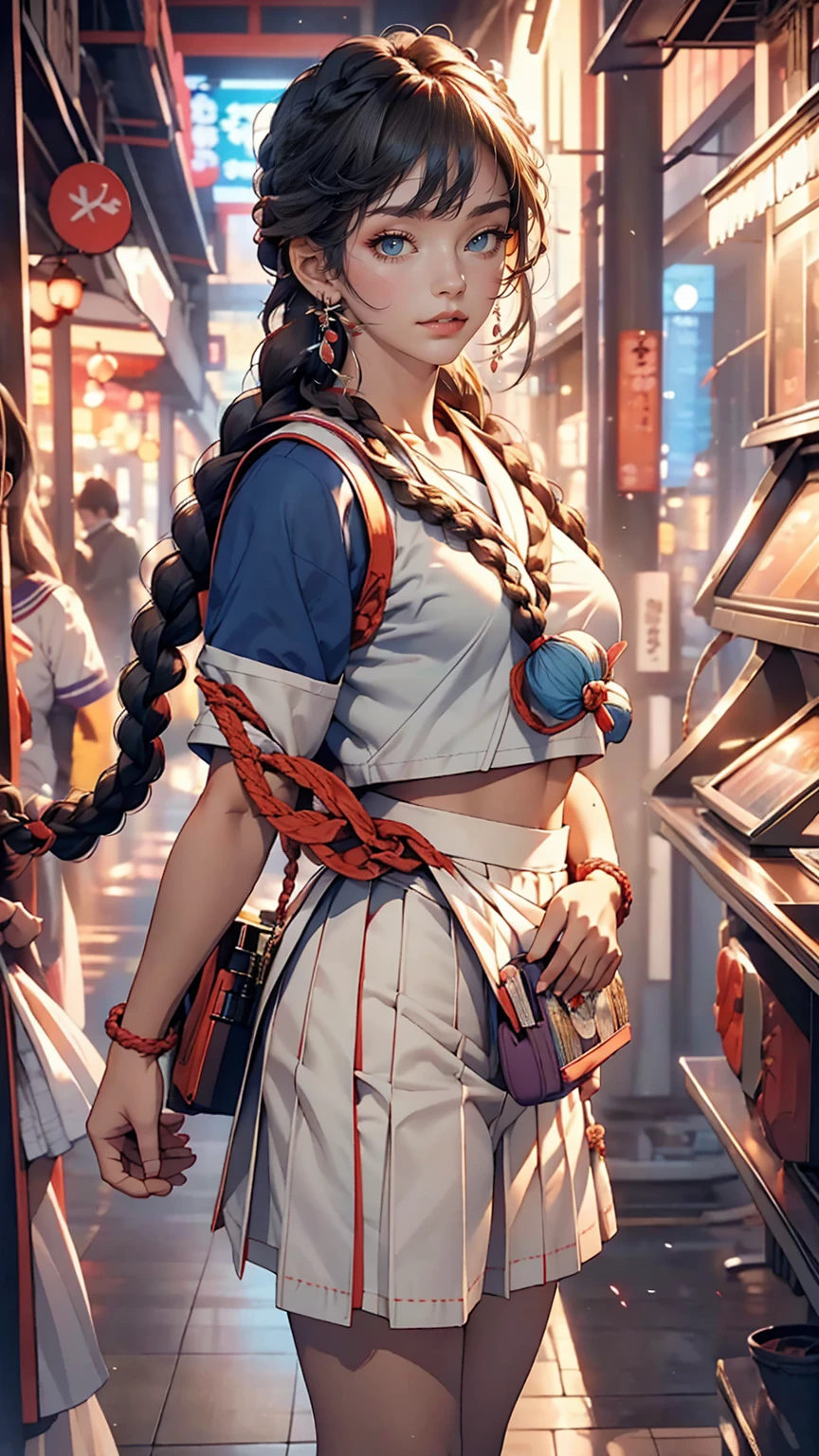 Japanese women、high school girl、A sheer white sailor suit for summer wear、Multi braid((multiple braids))、A sheer navy low-rise pleated skirt、I can see my belly button、White socks、loafers、Carrying a school bag、In front of the UFO catcher at the arcade