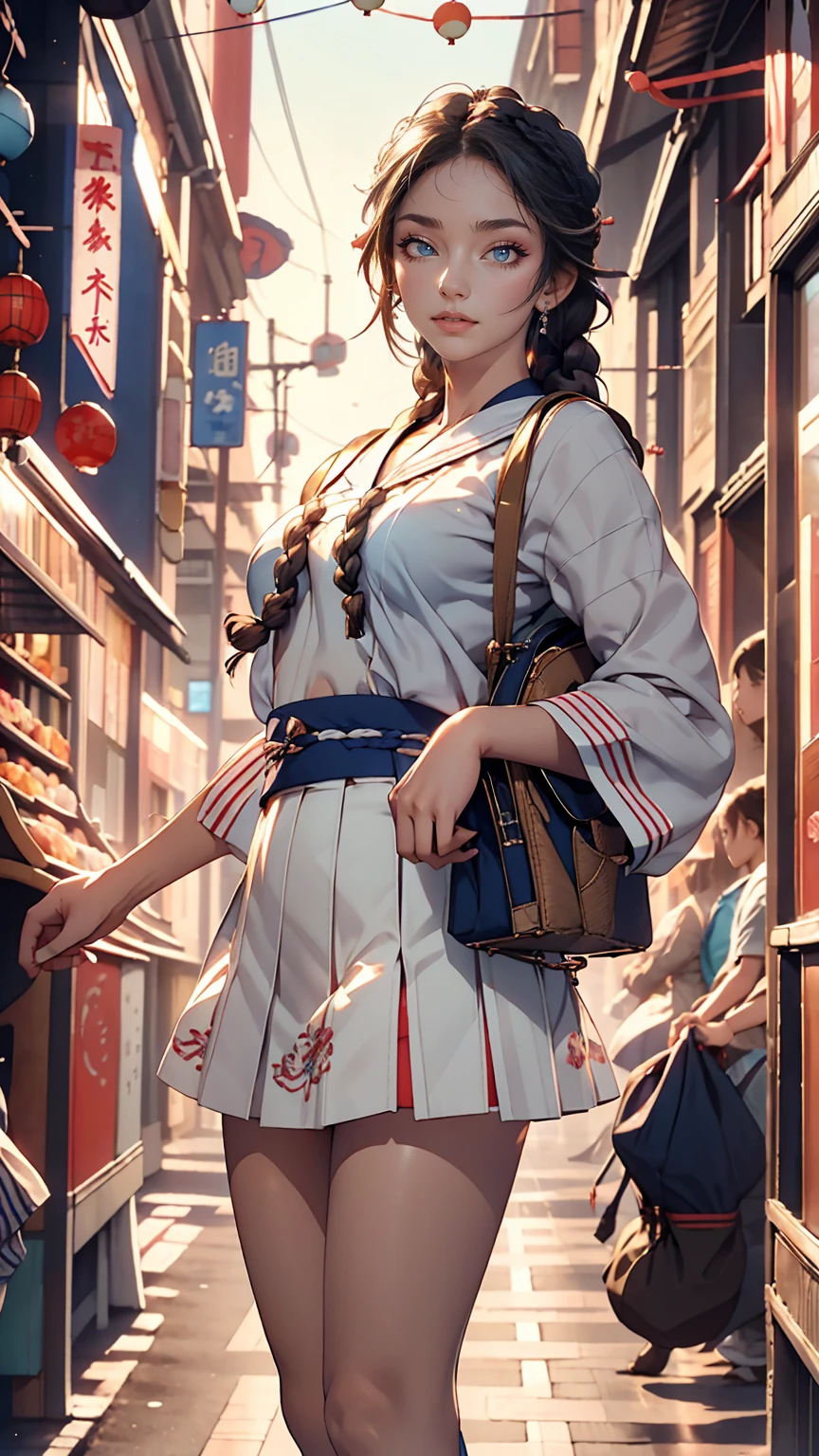 Japanese women、high school girl、A sheer white sailor suit for summer wear、Multi braid((multiple braids))、A sheer navy low-rise pleated skirt、I can see my belly button、White socks、loafers、Carrying a school bag、In front of the UFO catcher at the arcade