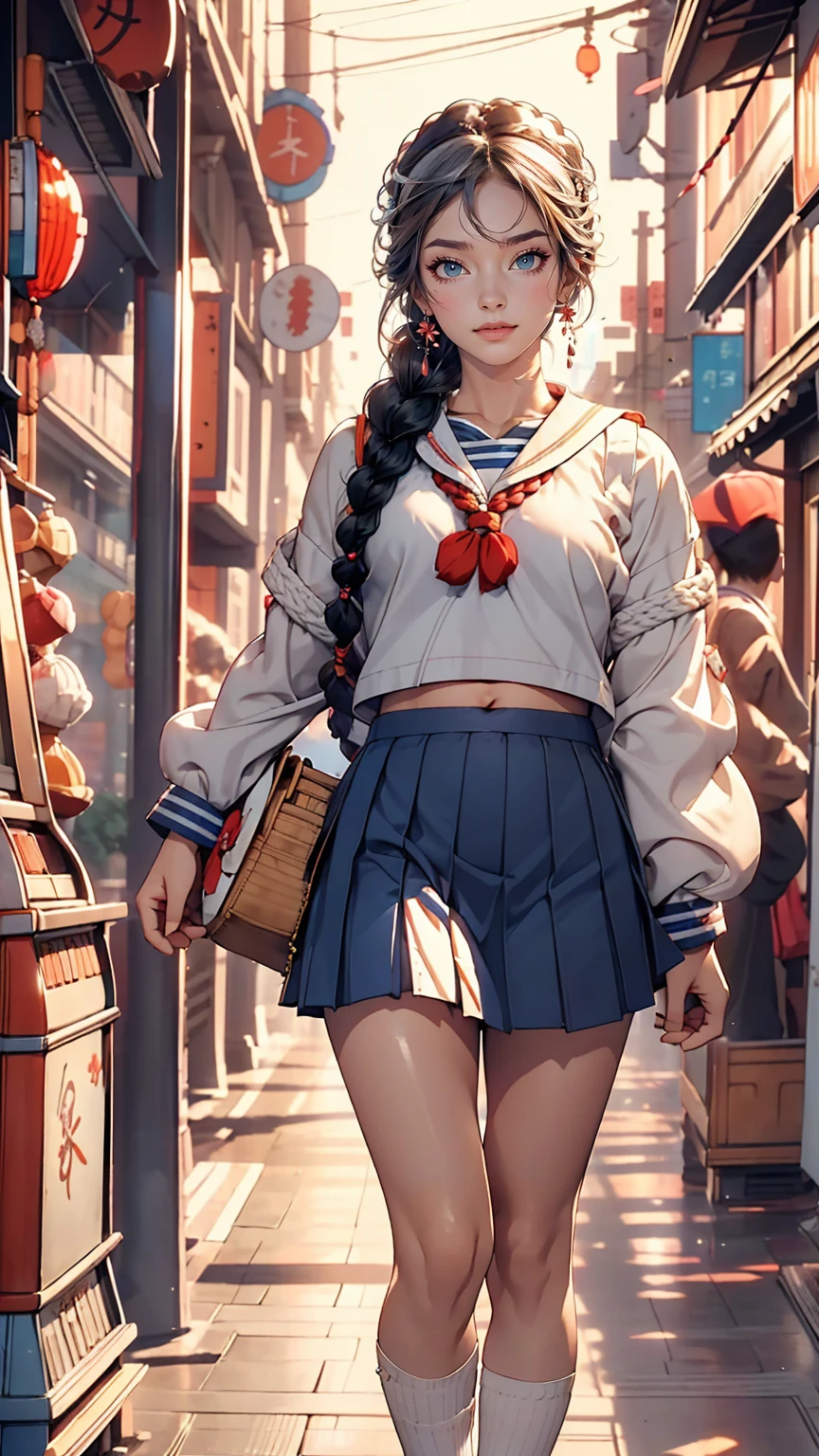 Japanese women、high school girl、A sheer white sailor suit for summer wear、Multi braid((multiple braids))、A sheer navy low-rise pleated skirt、I can see my belly button、White socks、loafers、Carrying a school bag、In front of the UFO catcher at the arcade