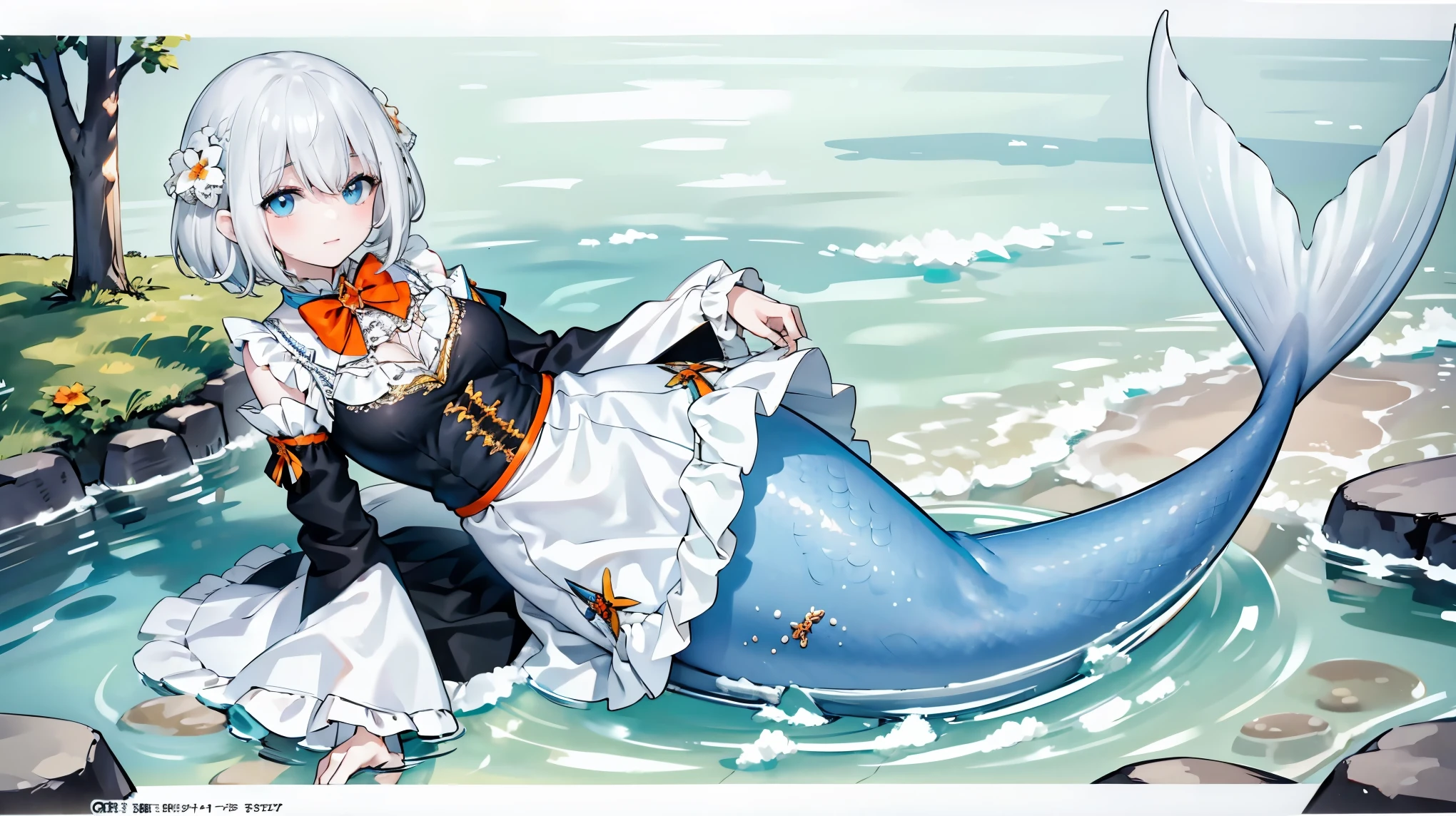 masterpiece, best quality(Full fingers),A woman,Mermaid,Large Breasts,blue eyes,white hair,orange bow,hair flower， hair ornament,short hair,Sleeves over wrists,Long sleeve,Sleeves over fingers,orange bow,Flowering,Gray skirt,dress,Hair accessories,Wide sleeves,bow tie,藍色的Mermaid尾巴,full-body shot,lying in a pond,forest