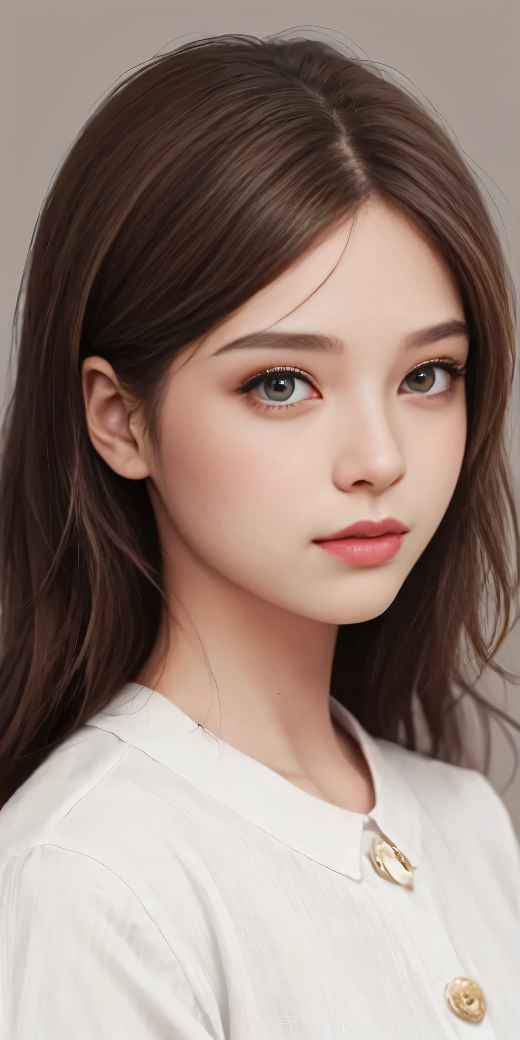 Foto Girl, young, piel clara, cabello largo medio ondulado, Light brown color, Brown eyes, nariz definida, realista, fondo blanco, detalles realistas, ojos normales, round marked jaw, horizontal