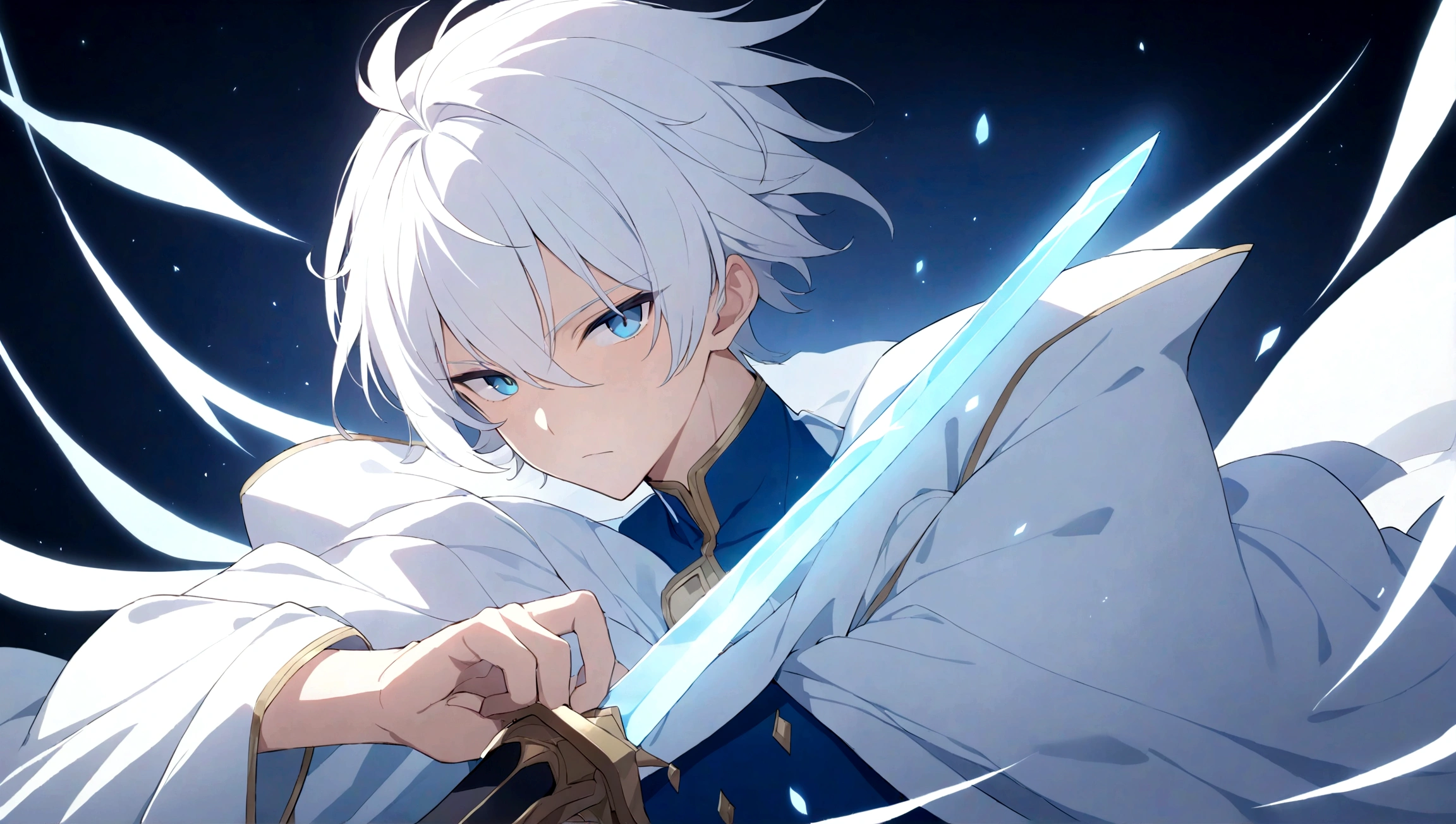masutepiece,Best Quality,1boy,Jewelry,Male Focus,Looking at Viewer,Solo,Upper body,White hair,The sword,Blue eyes,blue aura