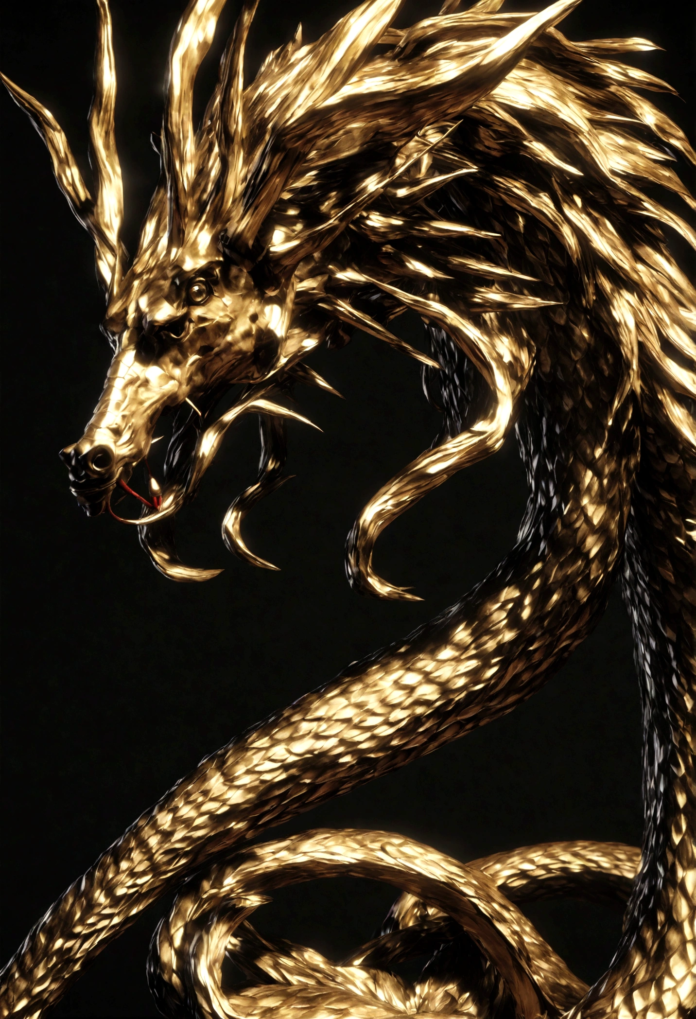 3d, Black and Gold chinese dragon Shenlong style, isolated plain black background Realista, high resolution, renderizado 3D,