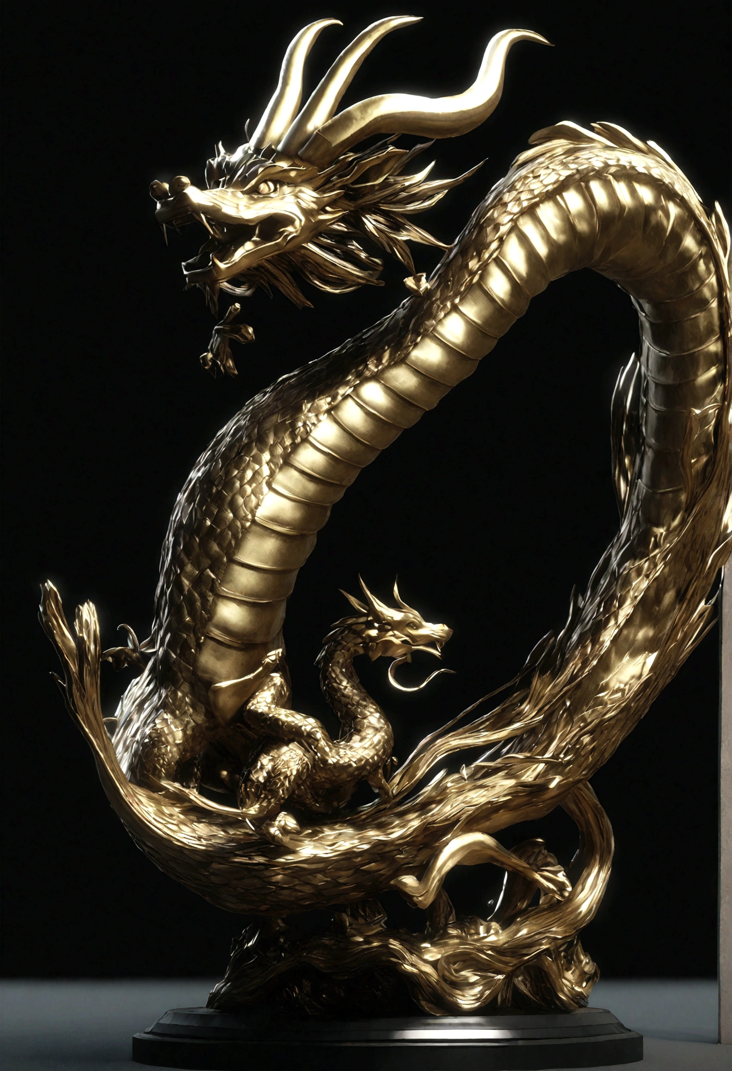 3d, Black and Gold chinese dragon Shenlong style, isolated plain black background  Realista, high resolution, renderizado 3D,  