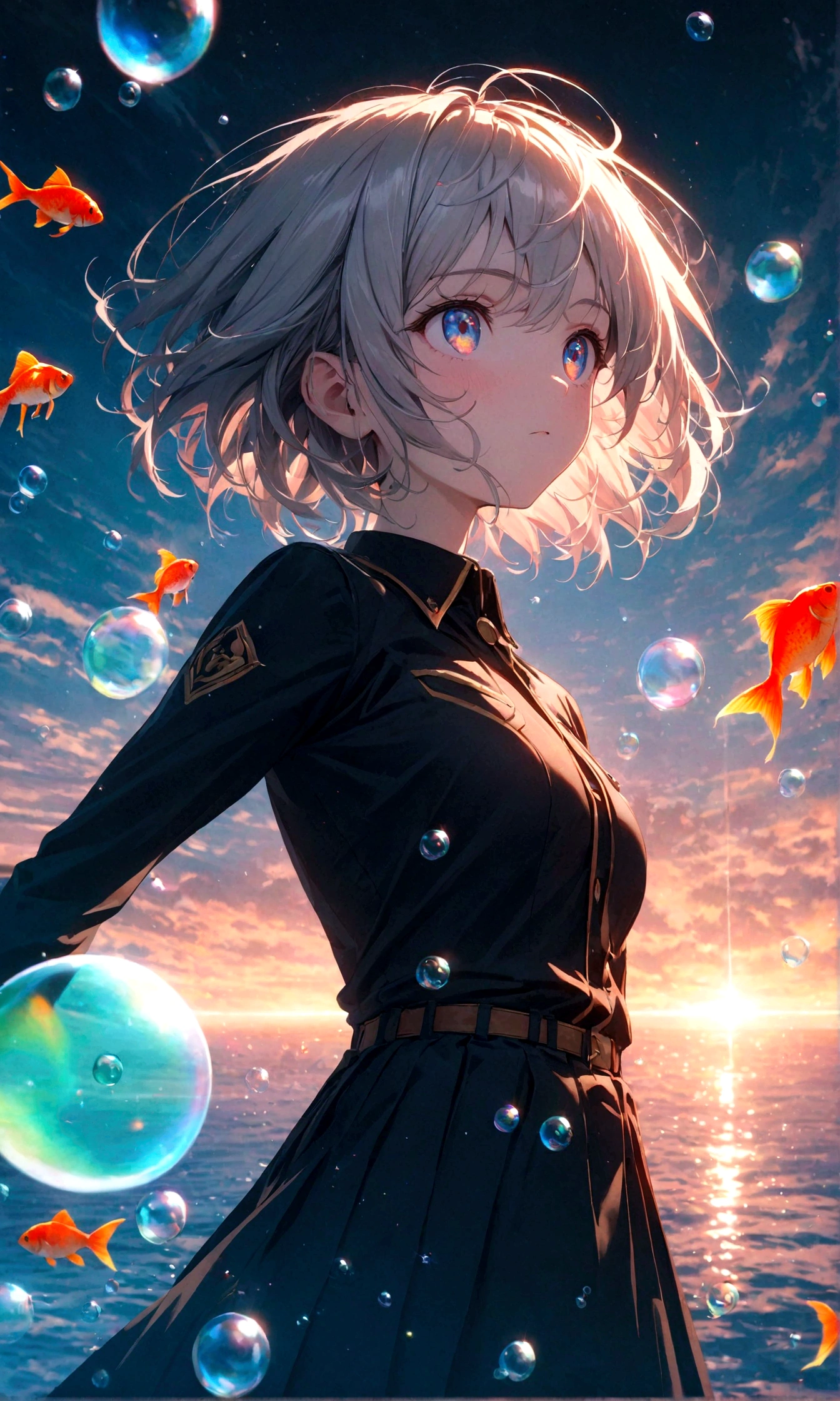 (female\(student, , JK, short hair, silver hair, floating hair, cosmic colored eyes, black color uniform of school, pale skin, tired face with no shine in the eyes\) is looking up at the sky), (so many goldfish are swimming in the air), beautiful sky, beautiful clouds, summery colorful flowers are blooming here and there, (crystal clear bubbles are shining prism here and there in the sky), there is the noonday moon and noonday stars in the sky, at downtown, BREAK ,quality\(8k,wallpaper of extremely detailed CG unit, ​masterpiece,hight resolution,top-quality,top-quality real texture skin,hyper realisitic,increase the resolution,RAW photos,best qualtiy,highly detailed,the wallpaper,cinematic lighting,ray trace,golden ratio\),(long shot),wide shot,