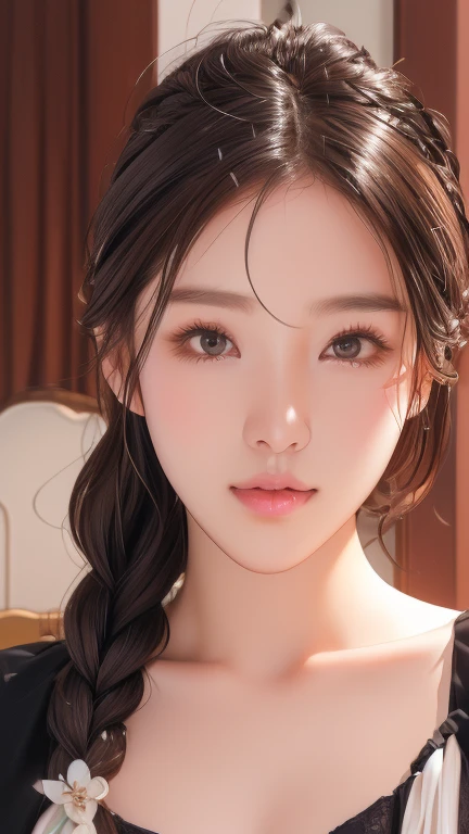 Photo shoot by a professional photographer、Half-body portrait of a Korean woman with braided hair, Beautiful and captivating to everyone's eyes, Under the eyes, Night Photo, Wear a tank top, Decorate your hair with flowers, UHD, masterpiece, anatomically correct, textured skin, high details, best quality, 8k