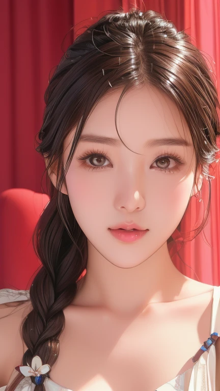 Photo shoot by a professional photographer、Half-body portrait of a Korean woman with braided hair, Beautiful and captivating to everyone's eyes, Under the eyes, Night Photo, Wear a tank top, Decorate your hair with flowers, UHD, masterpiece, anatomically correct, textured skin, high details, best quality, 8k