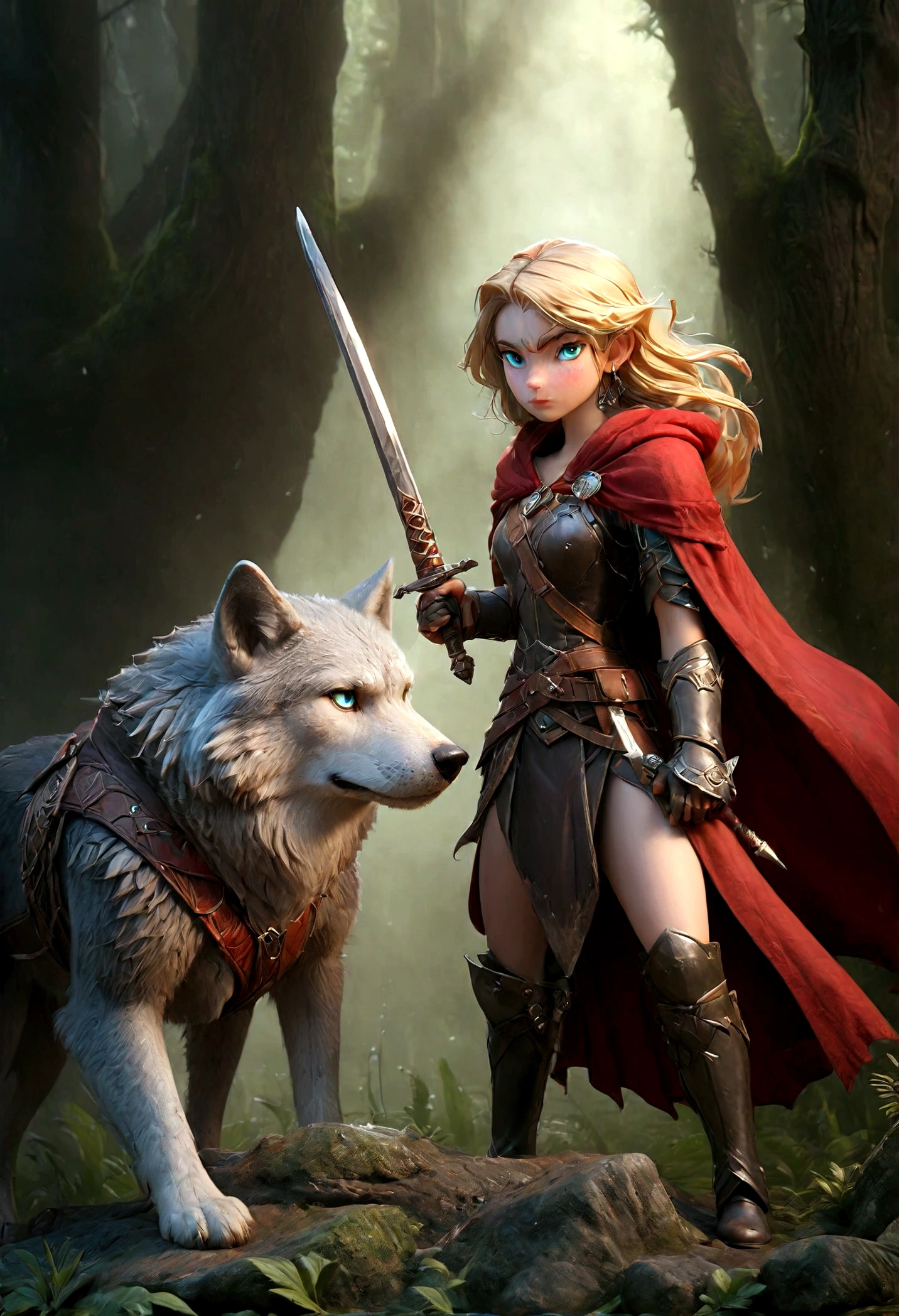 fantasy art, RPG art, Dark fantasy art, ultra wide shot, RAW, photorealistic, a picture of female human ranger and her wolf pet, the ranger, an exquisite beautiful human woman, long blond hair, braided hair, green eyes, wearing leather armor, wearing (red cloak: 1.1), armed with a (sword: 1.3), wearing laced boots, standing in a dark forest at night, (mist rising from the grounds: 1.3), a sense of dread and fear, yet she stands defiant and fearless, her wolf pet stands near her, protecting her, dark fantasy forest background, best quality, 16k, [ultra detailed], masterpiece, best quality, (ultra detailed), full body, ultra wide shot, photorealism