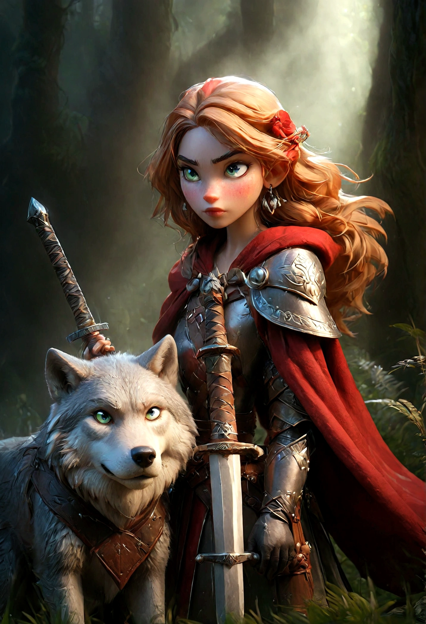 fantasy art, RPG art, Dark fantasy art, ultra wide shot, RAW, photorealistic, a picture of female human ranger and her wolf pet, the ranger, an exquisite beautiful human woman, long blond hair, braided hair, green eyes, wearing leather armor, wearing (red cloak: 1.1), armed with a (sword: 1.3), wearing laced boots, standing in a dark forest at night, (mist rising from the grounds: 1.3), a sense of dread and fear, yet she stands defiant and fearless, her wolf pet stands near her, protecting her, dark fantasy forest background, best quality, 16k, [ultra detailed], masterpiece, best quality, (ultra detailed), full body, ultra wide shot, photorealism