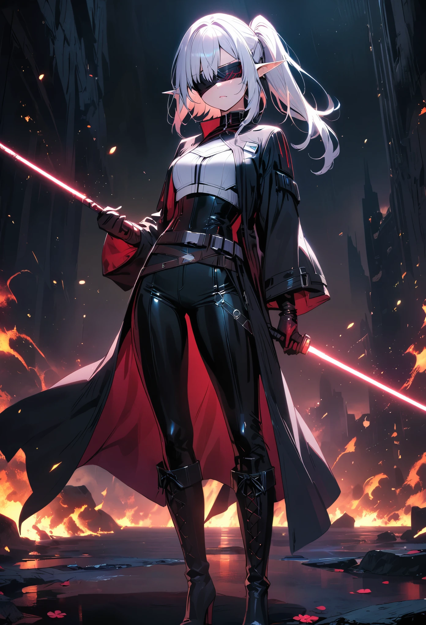 4k, masterpiece, solo, HD, Girl, anime girl, standing, Sith, Star wars, Lightsaber, Red Lightsaber, White hair, Half tied ponytail, Female sith, dark side, White chest armor, black leather coat, gloves, black leather pants, pantyhose, knee highleather boots, Blindfold, Flower blindfold, elf ears, heels,