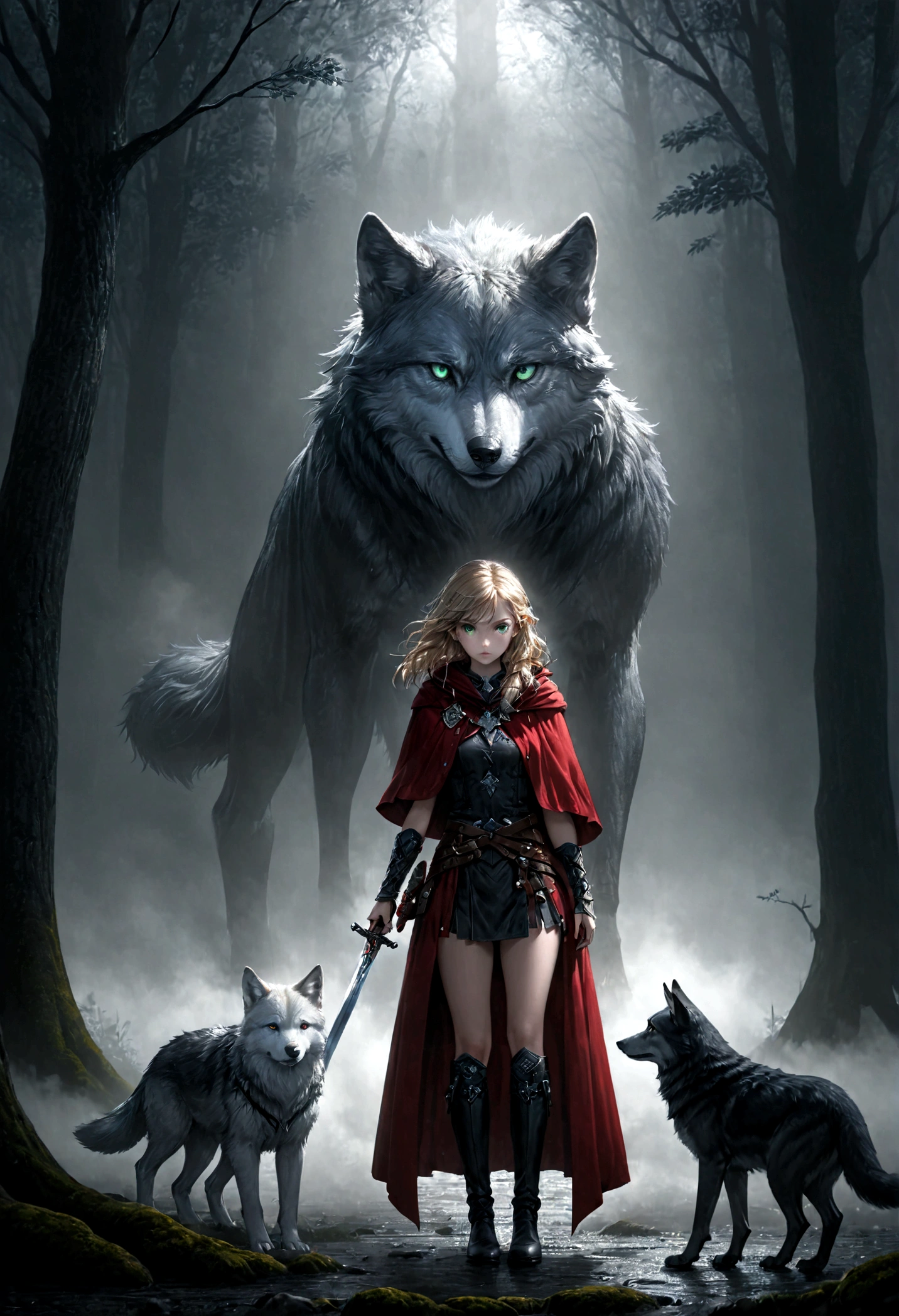 fantasy art, RPG art, Dark fantasy art, ultra wide shot, RAW, photorealistic, a picture of female human ranger and her wolf pet, the ranger, an exquisite beautiful human woman, long blond hair, braided hair, green eyes, wearing leather armor, wearing (red cloak: 1.1), armed with a (sword: 1.3), wearing laced boots, standing in a dark forest at night, (mist rising from the grounds: 1.3), a sense of dread and fear, yet she stands defiant and fearless, her wolf pet stands near her, protecting her, dark fantasy forest background, best quality, 16k, [ultra detailed], masterpiece, best quality, (ultra detailed), full body, ultra wide shot, photorealism