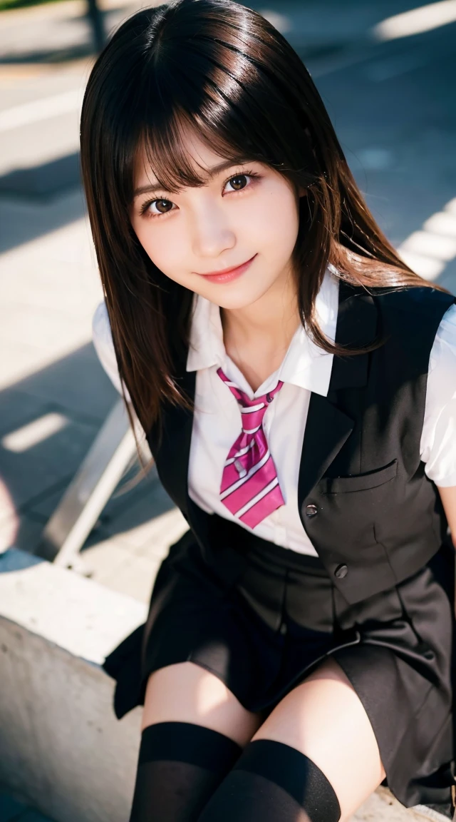 (highest quality,masterpiece:1.3,ultra high resolution),(Super detailed,caustics,8k),(photorealistic:1.4,RAW shooting),1 girl,(look at the camera with a smile),20-year-old,cute,Japanese,black hair long bronde, (The chest of the uniform is open,Sitting upright in black and soft-pink classy high school girl uniform wearing black pantyhose and sexy legs and lifting skirt in shame:1.7) , big ,bust up shot,street,face focus,Natural light,Backlight,(A bright light shines from above),(Lens flare),professional writing,(low position),(Low - Angle)