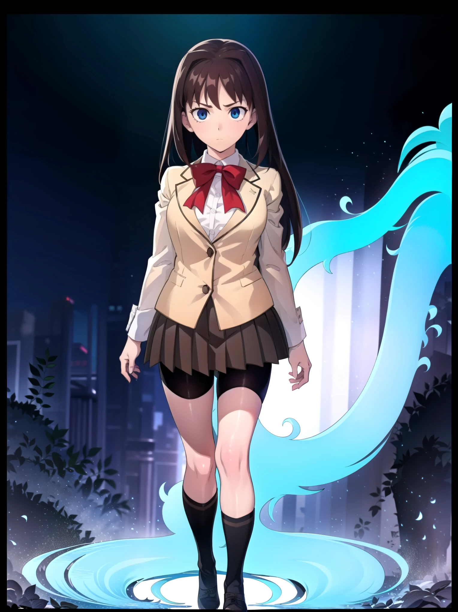 BREAK, centered, BREAK, (EMPTY BACKGROUND), BREAK, (masterpiece), best quality, highest resolution, 8k, illustration, (beautiful detailed eyes:1.5), extremely detailed face, extremely detailed body, CG, perfect hands, perfect anatomy, ((1girl)), ((solo)), (((bbaoko))), ((2 legs max)), ((2 feet max:1.5)), ((swirling vortex shaped longest brown hair:1.5)), (brown longest hair with slightly reddish undertone:1.6), (lush luscious longest brown hair:1.6), (very long voluminous longest brown hair:1.5), serious, blue eyes, red bowtie, (Form-fitting beige blazer:1.5), brown jacket, (highly detailed beautiful face:1.2), (white shirt:1), (well shaped large breasts:1.6), (nice hips:1), pretty legs, (high socks colored black:1.5) ((Umber pleated skirt:1.6)), (((bkshrt:1.6))), (toned visible skin thighs:1.6), (strap shoes brown color), (facing front:1.5), ((standing straight:1.5)), ((Fullbody in frame:1.5)), ((Full body:1.5)), (takeuchi takashi:1.3)