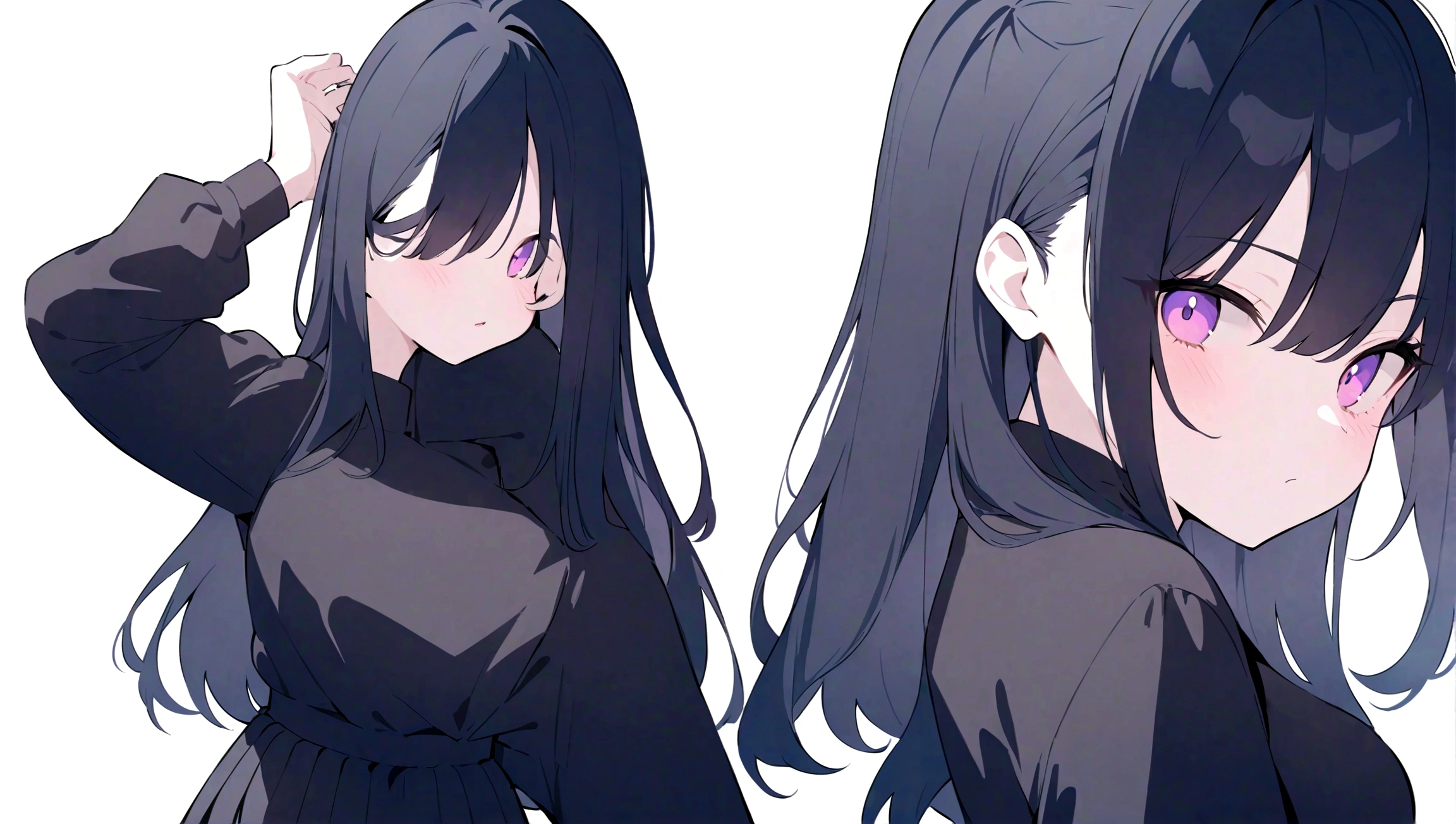 1girll,utmost+Beautiful+meticuloso_the face,utmost+Beautiful+meticuloso_The eye,The upper part of the body,closeup cleavage,cyberpunk backgrouns,sketching,solidcolor,A woman in a black shirt and black dress,Minimalist style,Wear elegant casual clothing,Bootilk and black style,Black eyeodern and stylish dress,Casual modern clothing,inspo , Anime,Blackn clothes, a black skirt, Neutral tones, Black and white color scheme, leisure wear, Scary face,, 22 year old, adult face, Long hair, ((Black hair))