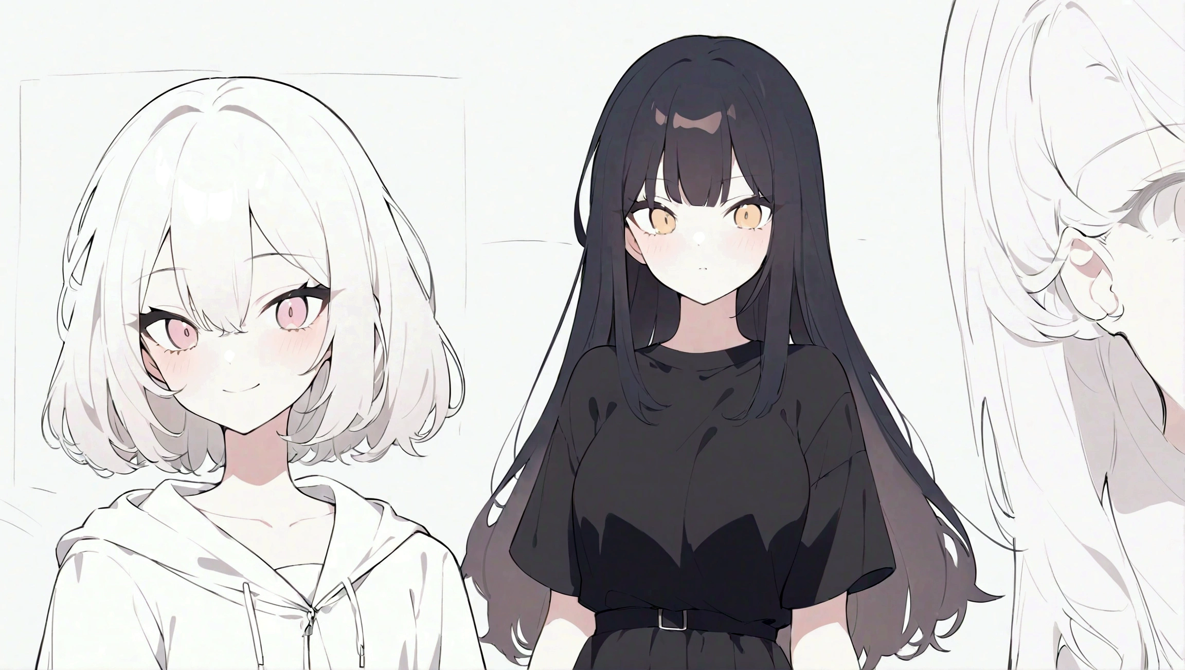 1girll,utmost+Beautiful+meticuloso_the face,utmost+Beautiful+meticuloso_The eye,The upper part of the body,closeup cleavage,cyberpunk backgrouns,sketching,solidcolor,A woman in a black shirt and black dress,Minimalist style,Wear elegant casual clothing,Bootilk and black style,Black eyeodern and stylish dress,Casual modern clothing,inspo , Anime,Blackn clothes, a black skirt, Neutral tones, Black and white color scheme, leisure wear, Scary face,, 22 year old, adult face, Long hair, ((Black hair))