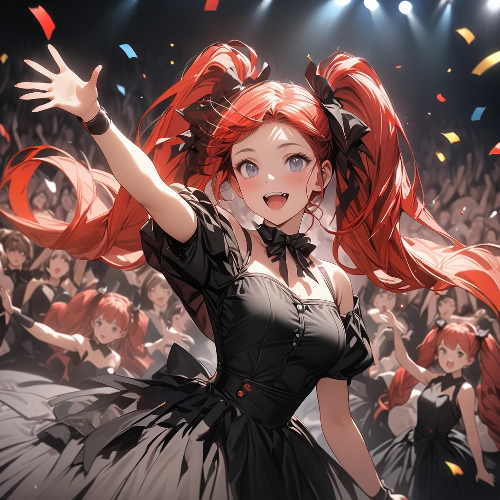 A realistic 3 girls with long red hair in twin tails, dancing on a theater stage from the Taisho era, one wearing an opera costume holding a microphone and singing, the other two dancing and waving to the audience, (each girl wearing a different colored costume1.2), Draw everyone's faces beautifully,fantastic spotlights, , lots of confetti, a far perspective from the audience seats, masterpiece, best quality, 8k ultra detail