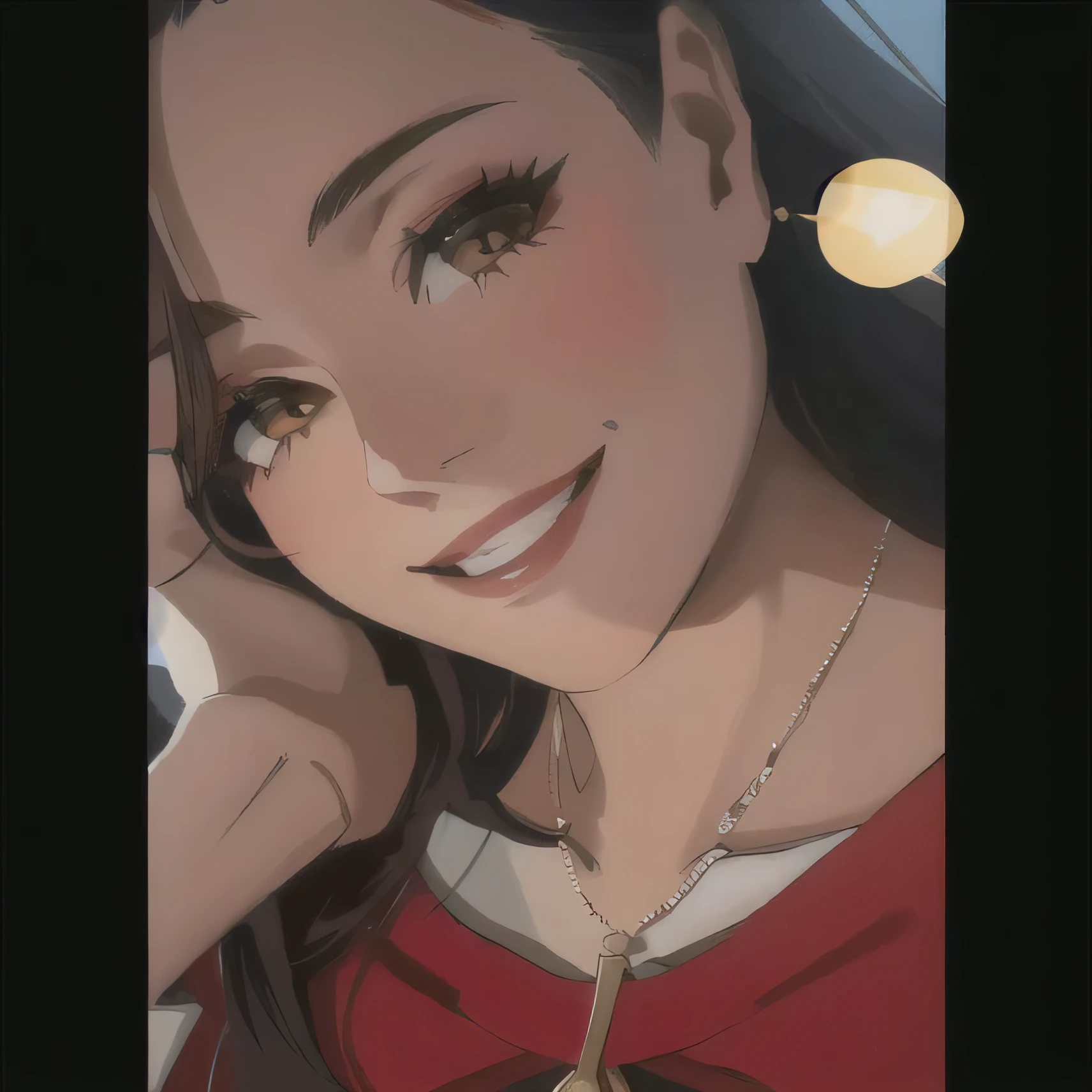 there is a woman with braces and a necklace smiling, 30 years old woman, 3 0 years old woman, lovely smile, alanis guillen, lorena avarez, very very low quality picture, ayahausca, 1614572159, she is smiling, [[[[grinning evily]]]]