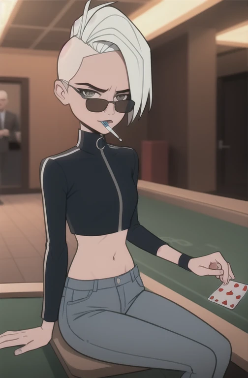 (dark theme:0.6), Glucose, 1 woman, mature and rough face, altushka, clear facial expression, One, short hair, in a black leather jacket, in black jeans, wearing sunglasses, sexuality, Long legs, High growth, bright sun, wound,  1.2), sitting in the VIP room on a chair at the poker table in the middle, sitting from afar, casino, plays poker, smokes a cigarette, holds a cigarette in his mouth, огромный стол для рулетки в casino, table close-up chips, cards, держит две cards средним и указательным пальцами, White hair, pomade, decrease,  I look at the viewer, grey eyes, Sharp image, crop top, (HDR:1.22), Muted colors, complex background, Hyper detailed, art [[Jordan Grimmer]], close-up