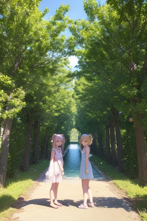 A picturesque 3D render of a sunny beach on a warm summer day, showcasing the perfect setting for relaxation and joy. Two adorable anime girls are seen in the foreground, one in a short skirt and the other in a 2-piece nightgown. Both have cute hair clips and are enjoying the serene atmosphere. The sign "VICTORIA VR" is visible in the background, indicating a virtual reality experience. The light white sunny morning is captured with a wide viewing angle, allowing the viewer to fully immerse themselves in the tranquil and beautiful scene., anime, 3d render, photo