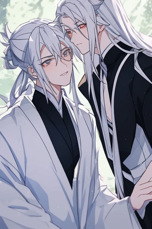 masterpiece,2boys,white hair,narrow_waist,hanfu, tang style outfits,ager,imminent_kiss,black,eyes