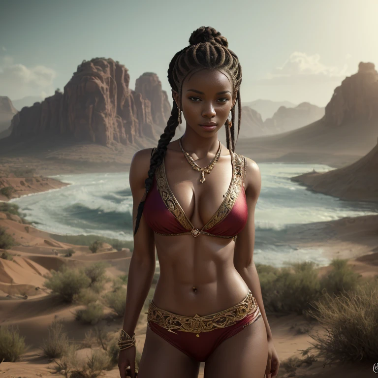 A very beautiful young African woman, desert goddess, incredibly gorgeous, stately and stately, generous, muscular, six pack abs, hair braided in a flowing ponytail, revealing outfit, loose stole, ornate jewelry, looking at camera, sandy landscape, fantasy, ethereal, dreamy, dramatic lighting, vibrant colors, exquisite details, (highest quality, 4k, 8k, high resolution, masterpiece:1.2), ultra detailed, (realistic, photorealistic, photorealistic:1.37), vibrant colors, HDR, studio lighting, physically based rendering, concept art