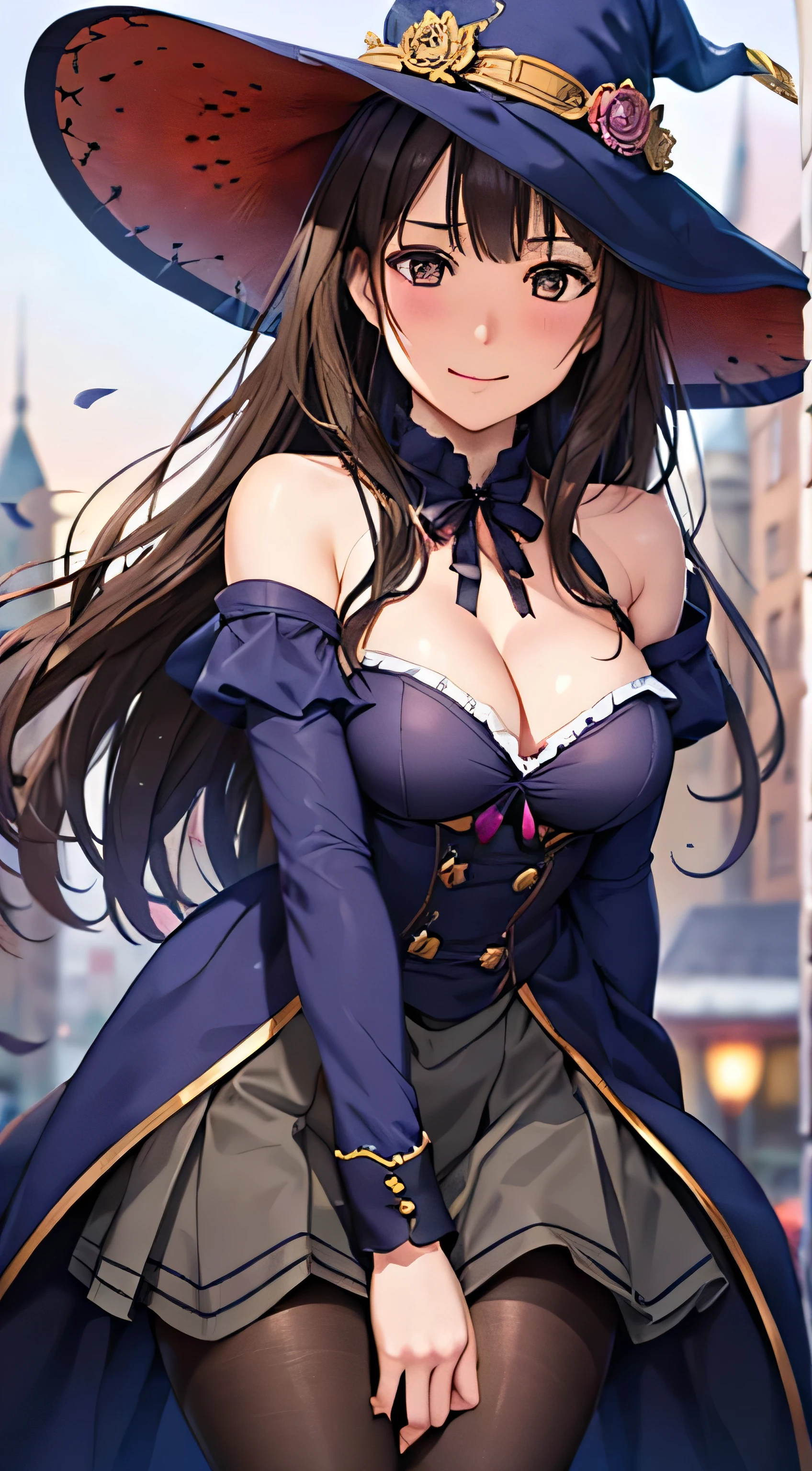 ((Tabletop, highest quality, High resolution, , Pixel Perfect, 4K, ))), Beautiful woman,, alone, beauty、The whole body is visible、 (((Sexy Witch Cosplay), Long dark blonde wavy hair、Off-the-shoulder jacket, Dark blue flared skirt、Witch Hat、Mid-wave hair, bangs, Brown Hair)), ((Brown eyes, Beautiful eyelashes, Realistic eyes)), ((Detailed face, Blushing:1.2)), ((Smooth texture:0.75, Realistic texture:0.65, Realistic:1.1, Anime CG Style)), Center of chest, Dynamic Angle, Perfect body, ((,)), Lean forward to show cleavage、、Very embarrassing panic smile, 、Castle town square、(The wind flipped up her skirt, 、、、、)、Angle from below