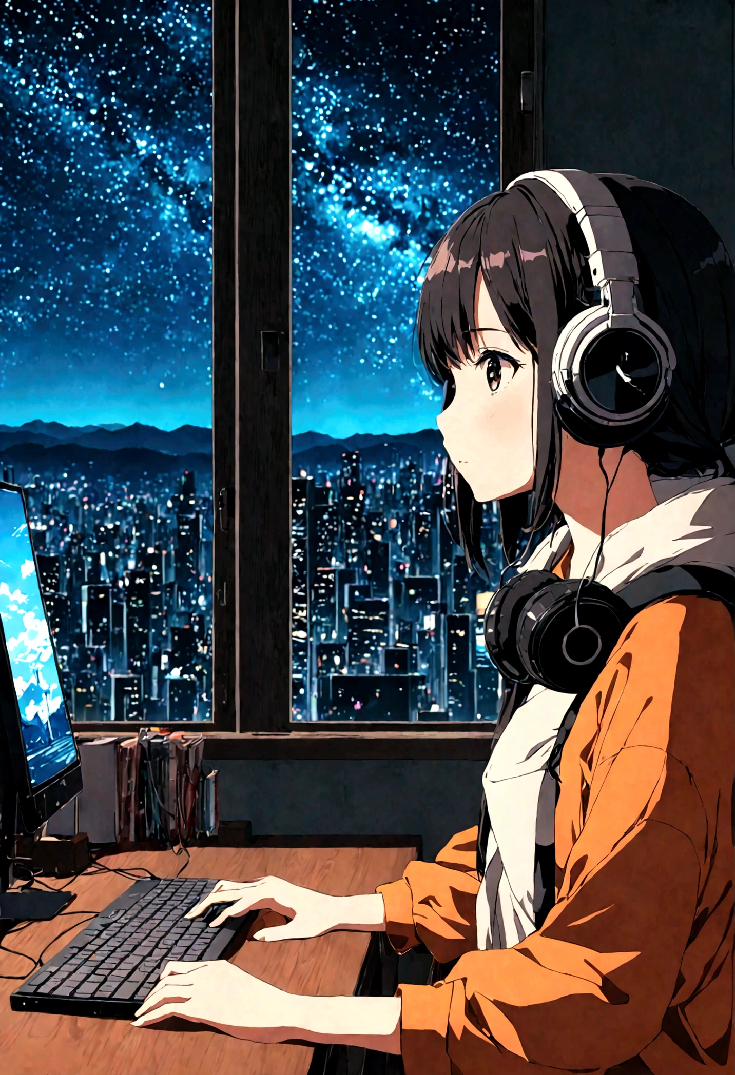 (8K,highest quality, Ultra-high resolution:1.5, masterpiece:1.3),Anime girl sitting at a desk with headphones and computer on, Anime Style8k, anime art wallpaper 8k, anime art wallpaper 4k, Lo-fi Girl, Anime Art Wallpapers 8K, Anime Wallpaper 8K, anime wallpaper 4k, Portrait of Rofi, 4k anime wallpaper, Nightcore, Anime atmosphere, Anime Style. 8k, Anime Aesthetics,The window has a night view,Expressing the city night view and starry sky,Image for relaxing Lo-Fi music with a city night view in the background,You can see the silhouette of buildings and the starry sky.,Expressing a calm night atmosphere