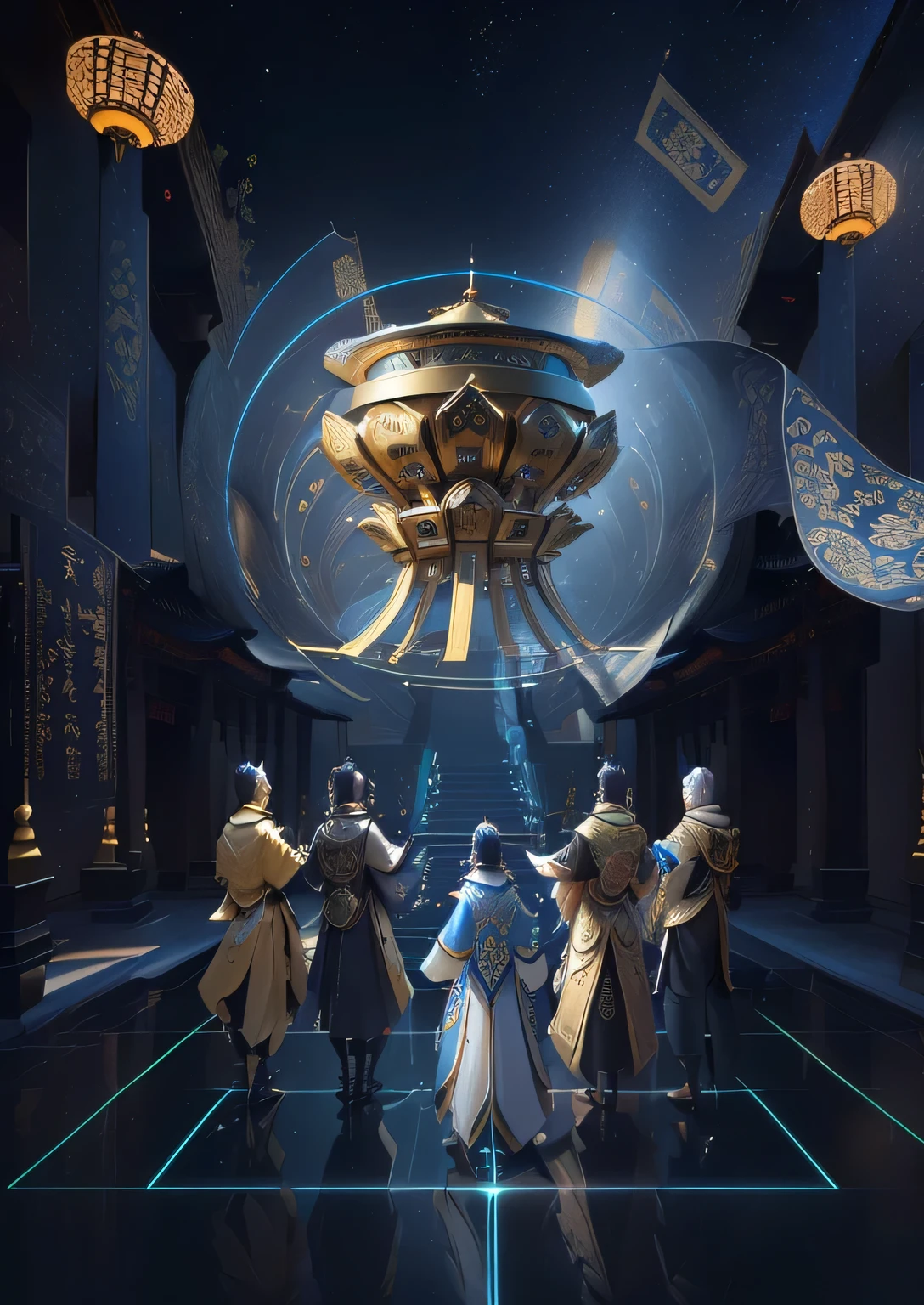 5 people surrounding a golden tripod, Three men and two women, we go deep into the virtual universe, The encrypted metaverse, Computers and holograms, Hologram of the Chinese cultural relic Golden Tripod, Museum Background, virtual metaverse room,Chinese antique elements on both sides are collection cabinets, super detailed SCP cultural relic jars, holographic products, 5 Archaeological Figures, 8k high definition jpeg artifact