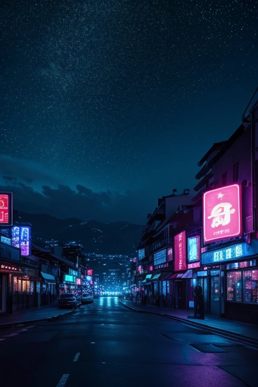highest quality、Landscape painting、Neon lights in the city、Starry Sky、moon
