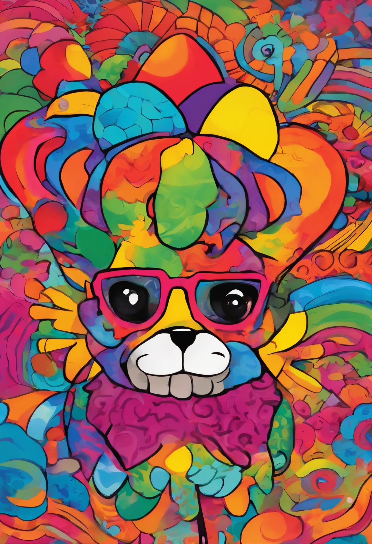 grafismo, diverse and playful geometric figures, Rainbow, romero britto, salvador dali, one dog, A domestic chicken animal in sunglasses and DJ headphones and with thought running through his fingers and the confusion of memory ((fundo branco e preto)), face da galinha de angola, as asas enormes da galinha, o bico, o microfone, o fone de ouvido, The sunglasses, contrastes exacerbados, olhos penetrantes, colorida e alegre, Dull and sad, Art Watercolor Painting Oil Paint, abstrato, epic instagram, art-station, toque de estilo splash de tinta colorida+, contorno, hiperdetalhado intricadamente detalhado, genial, detalhes intrincados, tela inicial, cores complementares, conceito realista abstrato romero britto de arte, 8K, obra-prima do deviantart, oil-painting, pinceladas pesadas, pingos de tinta, artes de salpicos.