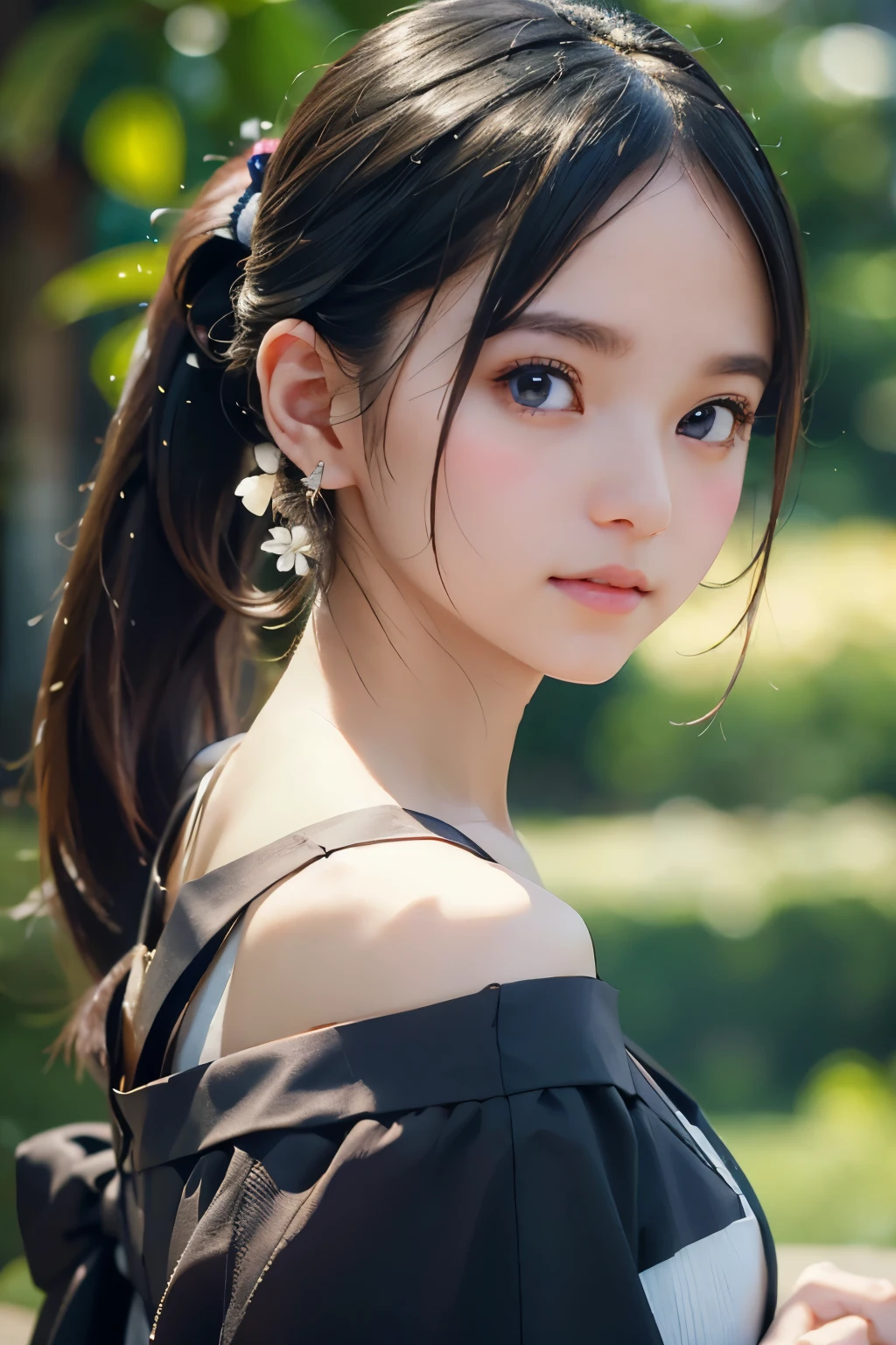 ,Long ponytail hairstyles、Image from chest up:1.6)、Close-up portrait of a woman wearing a white off-the-shoulder top dress and earrings, Soft Portrait Shot 8K, Nice delicate face, High-quality 4K portraits, High-quality portraits, Soft and perfect white skin, 8k highly detailed face, なBeautiful feces繊細な顔, Beautiful feces光の大きな目, Beautiful and realistic face, Beautiful feces141 year old female, Beautiful and realistic face, cute141 year old female