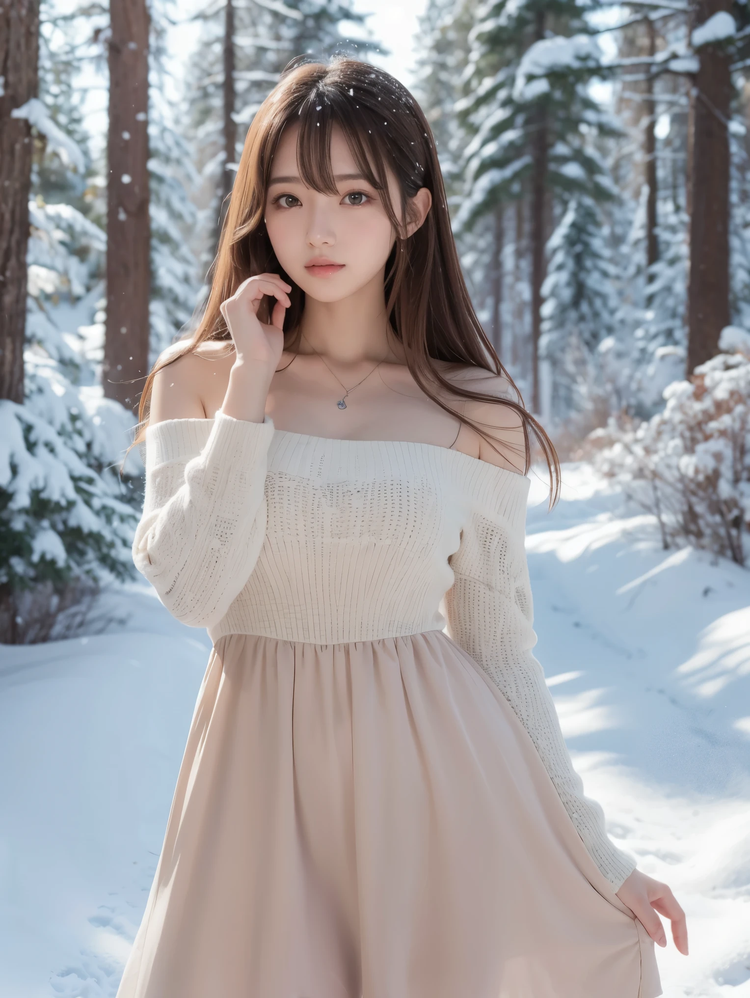 long dress,dress, (knee shot), 1womanl, up of face, light brown hair, Blunt bangs, hair behind ear, hair over shoulder, Long hair, slender body shape, Ultra Fine Face, Thin face, Delicate lips, Beautiful eyes, thin blush, eyes are light brown,View here, (realisitic:1.3), Coniferous forest with heavy snowfall, It's snowing .One-person viewpoint, 8K, masutepiece, nffsw, Super Detail, High quality, Best Quality, hight resolution,