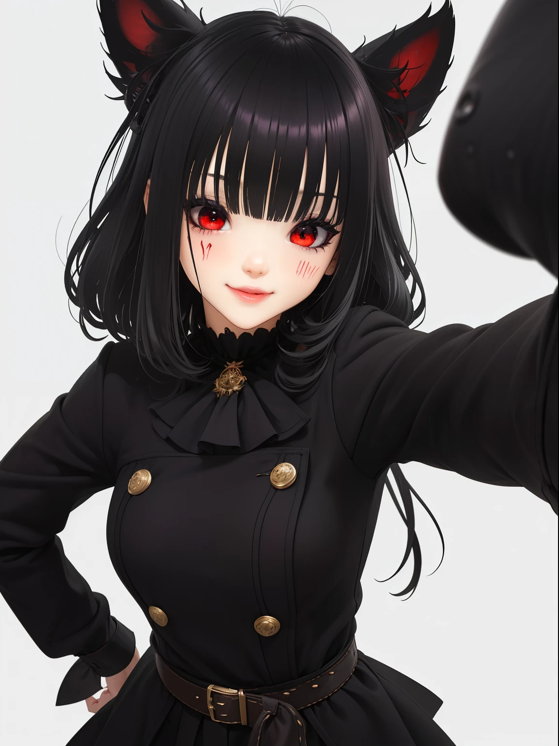 Sonrisa desagradable de una chica que ama el cuchillo. (junkotvv pelo negro con flequillo, orejas de gato, ojos rojos),、((Psychopathic Horror)), Pelo negro, labios grandes, sangre en la cara, ((sosteniendo el cuchillo)), labios jugosos, tetas grandes, sosteniendo el cuchillo by the handle, cuerpo completo, ojos rojos pelo largo