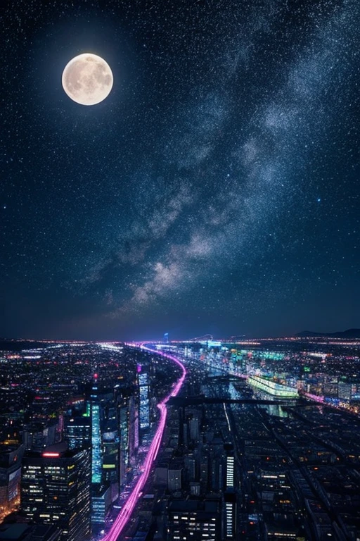 highest quality、Landscape painting、Neon lights in the city、Starry Sky、moon