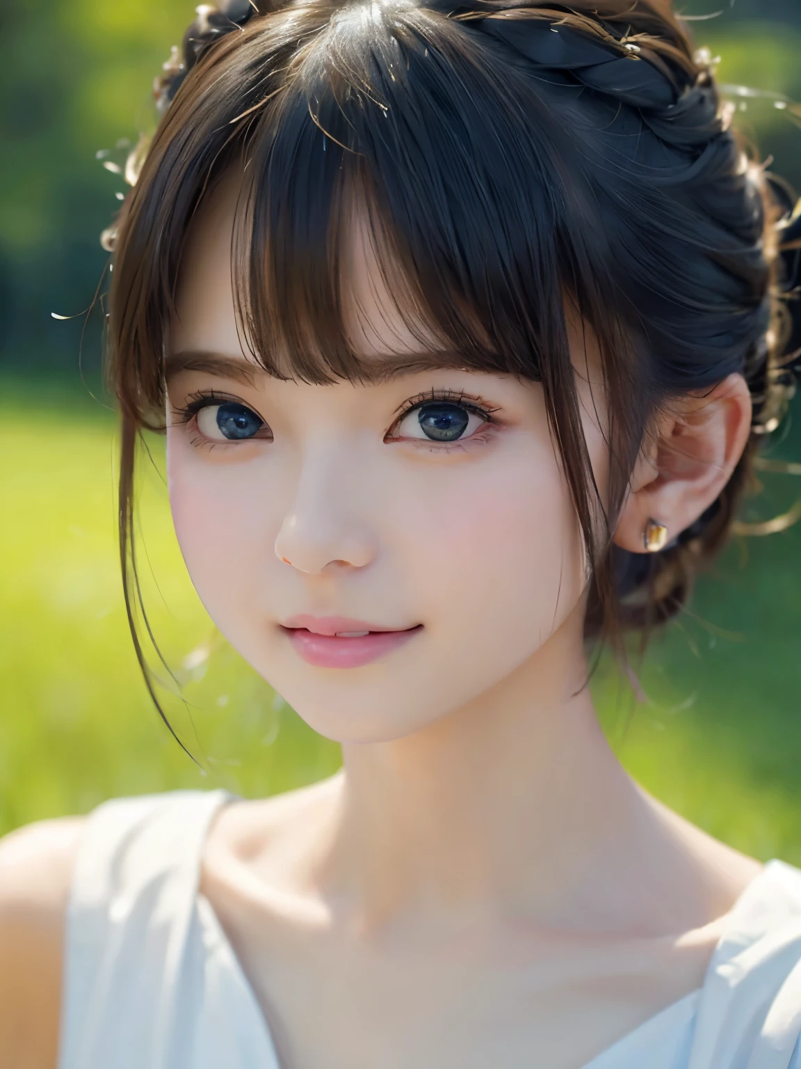 short hair、grassland、(You can see both sides:1.6)、（From the chest up:1.6)、Laughter、Close-up portrait of a girl wearing a white sleeveless top dress and earrings, Soft Portrait Shot 8K, Nice delicate face, High-quality 4K portraits, High-quality portraits, Soft and perfect white skin, 8k highly detailed face, Beautiful and delicate face, Beautiful light big eyes, Beautiful and realistic face, Beautiful girl and, Beautiful and realistic face, Cute girl
