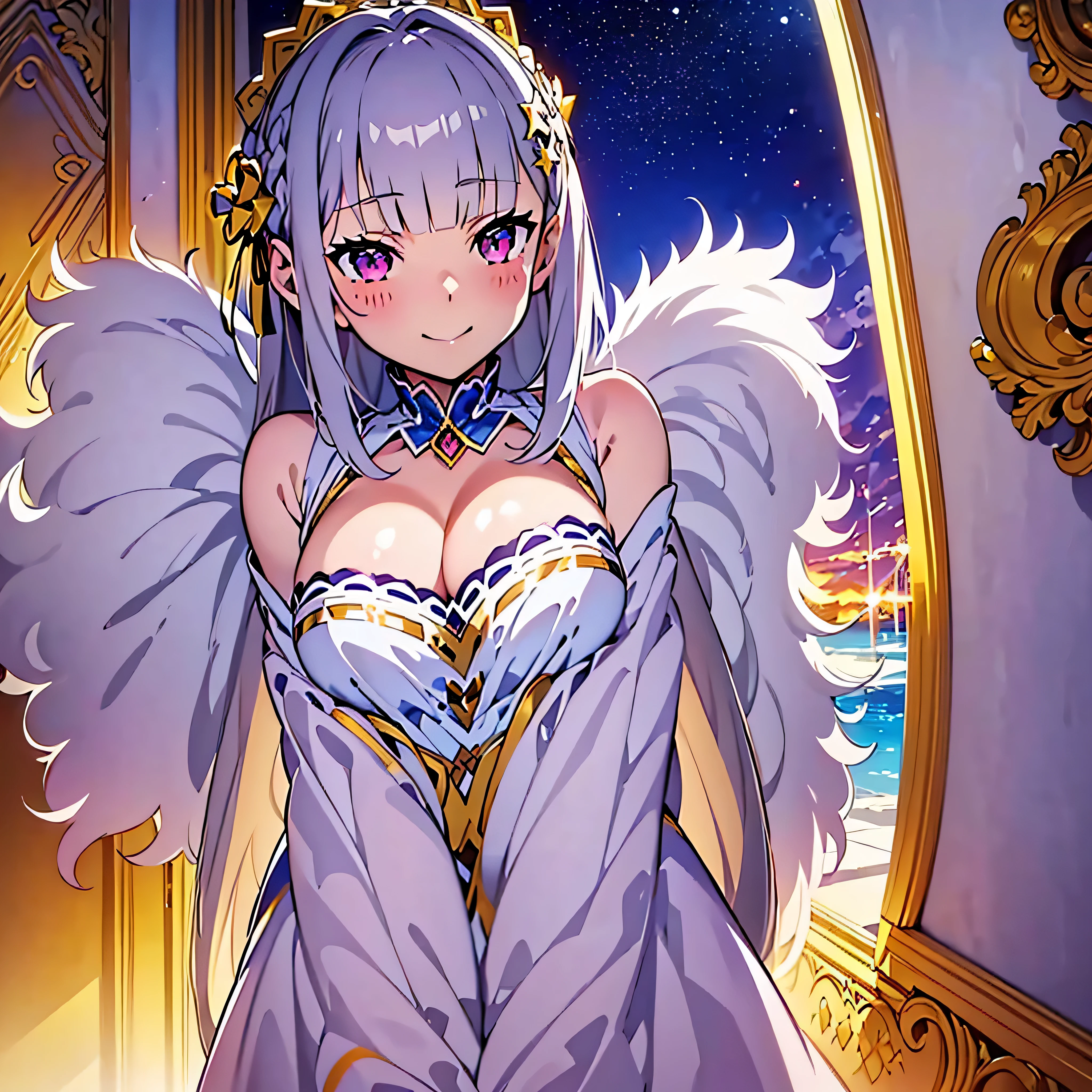 anime, masterpiece, high quality, highly detailed, sharp focus, beautiful background, cleavage, ((best quality)), ((masterpiece)), (detailed), (solo:1.4), 4k upscale, cute smile, royalty, luxury, beautiful stars, anime blushing face, (one Girl:1.5), ((1girl)), no duplicate characters, highest quality, perfect details, official anime art