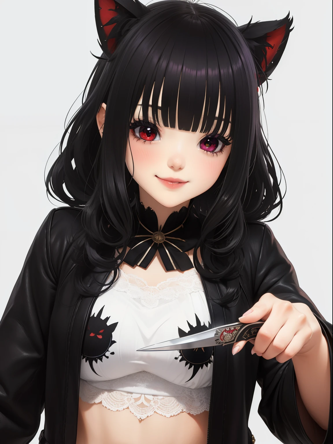 Sonrisa desagradable de una chica que ama el cuchillo. (junkotvv pelo negro con flequillo, orejas de gato, ojos rojos),、((Psychopathic Horror)), Pelo negro, labios grandes, sangre en la cara, ((sosteniendo el cuchillo)), labios jugosos, tetas grandes, sosteniendo el cuchillo by the handle, cuerpo completo, ojos rojos pelo largo