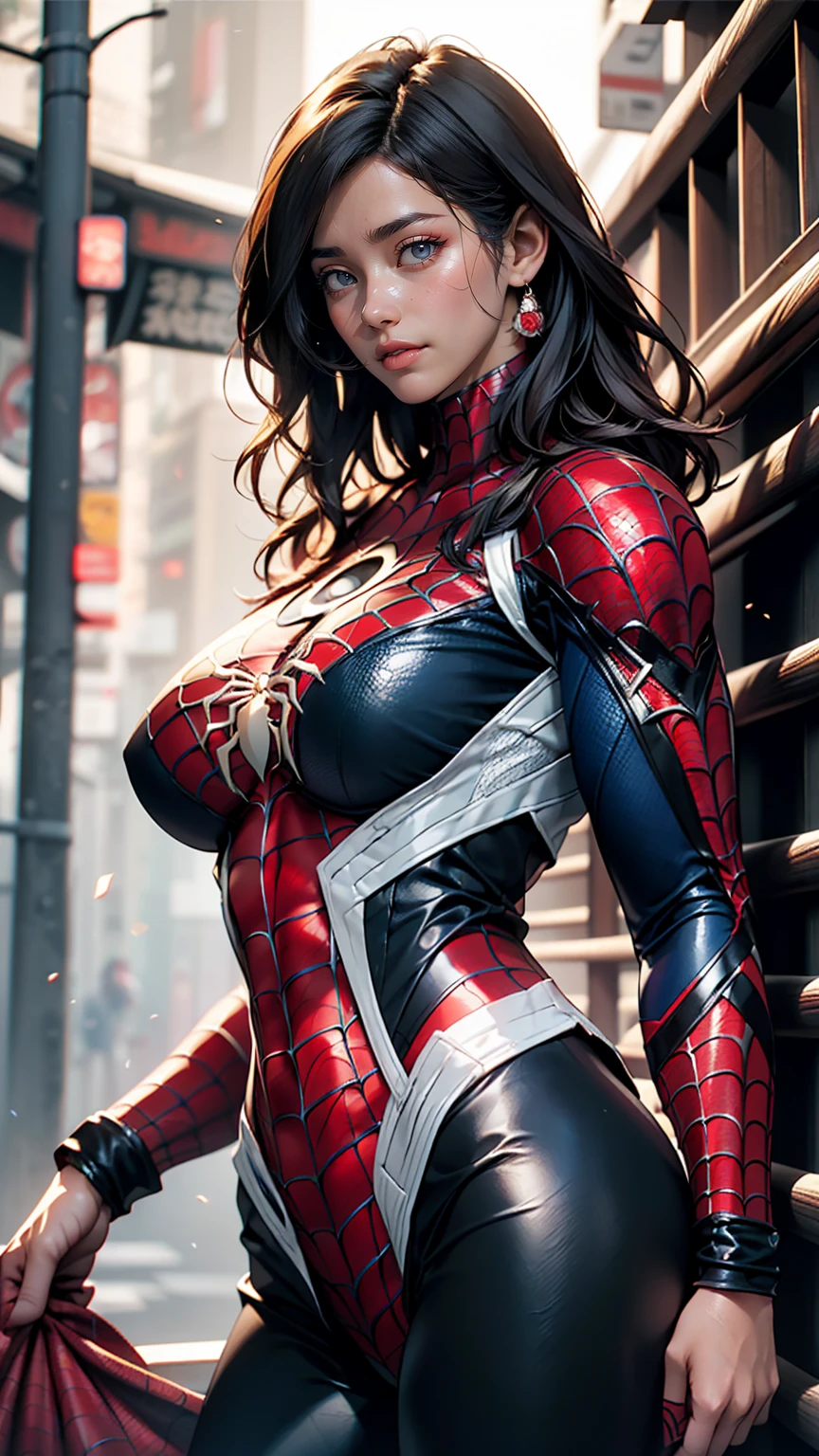(8K, RAW photos, best quality, masterpiece:1.2), (realistic, photo-realistic:1.5)、(1 woman), (26 year old Japanese woman)、hair is gray、Eye color is dark blue、high definition face, (rich wavy long hair)、(((Spider-Man suit with detailed texture))), My chest sticks out、huge breasts, Sagging breasts due to gravity, (sunny weather), (A thin waist), Blur the background, (slim body), clean skin, clear skin, photometry, (whole body:0.7)