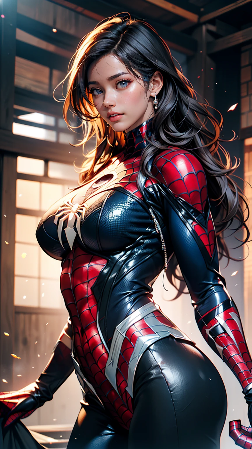 (8K, RAW photos, best quality, masterpiece:1.2), (realistic, photo-realistic:1.5)、(1 woman), (26 year old Japanese woman)、hair is gray、Eye color is dark blue、high definition face, (rich wavy long hair)、(((Spider-Man suit with detailed texture))), My chest sticks out、huge breasts, Sagging breasts due to gravity, (sunny weather), (A thin waist), Blur the background, (slim body), clean skin, clear skin, photometry, (whole body:0.7)
